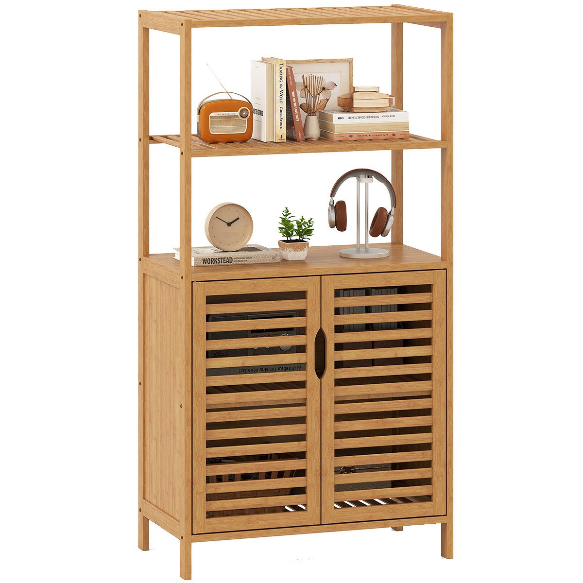 COSTWAY Bücherregal, Bambus mit Lamellentüren, Vorratsschrank 60x33x116cm günstig online kaufen