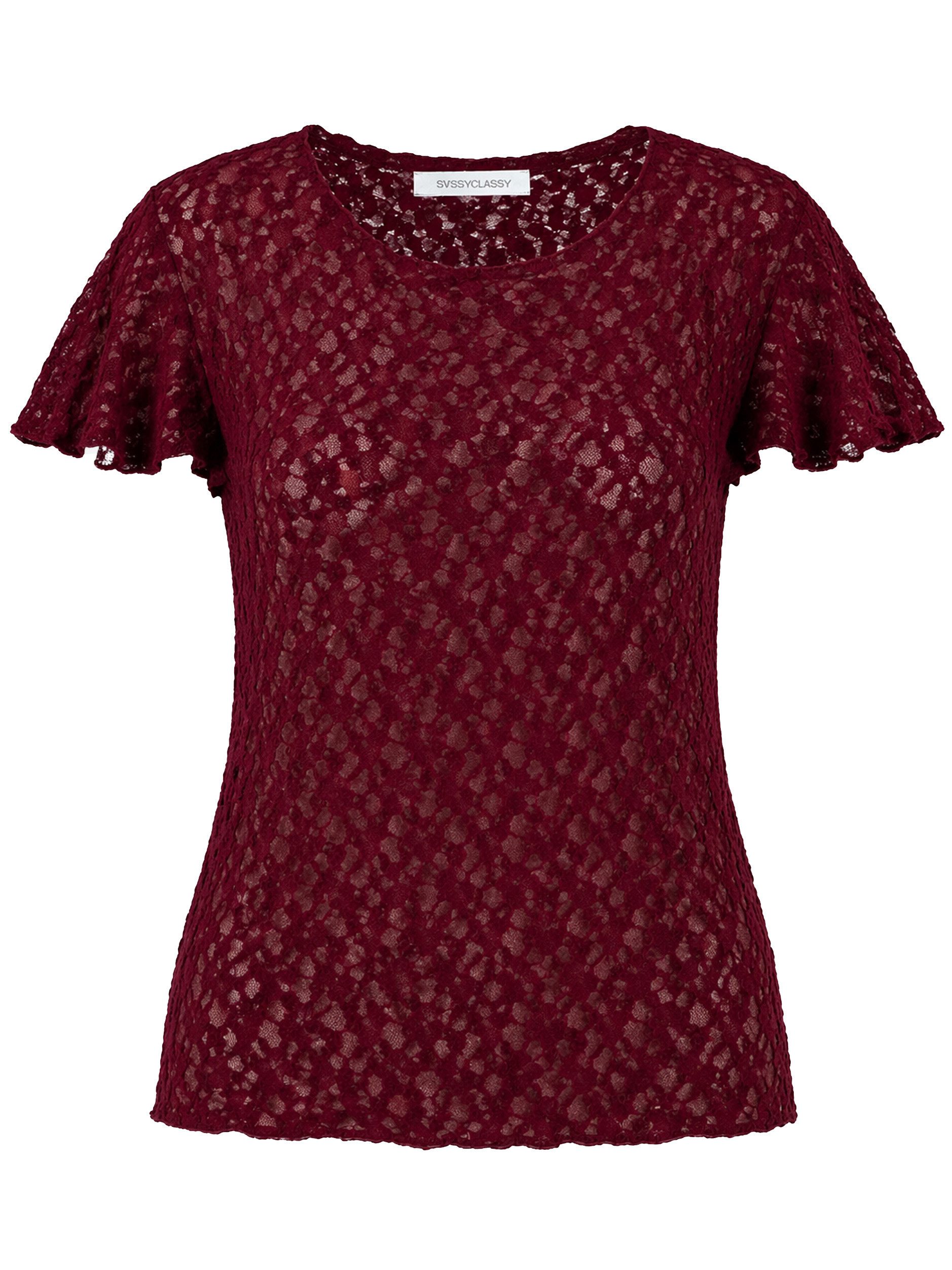 SASSYCLASSY T-Shirt Spitzen Shirt mit Flügelärmel für Damen Elegantes T-Shirt in floralem Muster mit leicht transparenter Optik