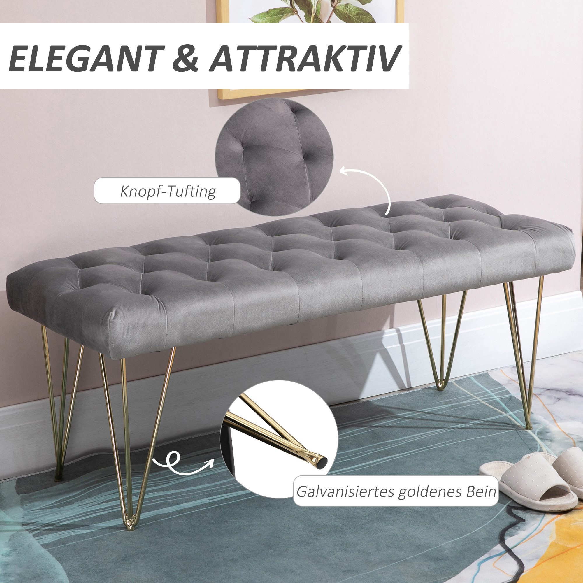 OKWISH Polsterbank Hocker 116x44,5x49 cm, gepolstert, in Grau Samt mit Velvetbezug (Packung, 1-St., Praktische Schuhbank für Ordnung im Eingangsbereich), Komfortabel gestaltet für Flur und Diele im Haus