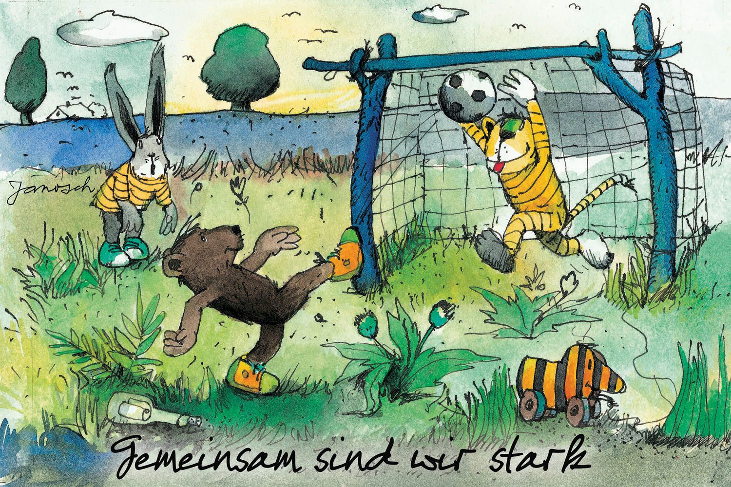 LuckyLinde Leinwandbild Gemeinsam sind wir strark - Janosch, Bär, Ente, Enten, Figuren, Filmfiguren, Motivationsbilder, Schriftzug, Sport, Sprüche, Tiere, Tiger, little star (1 St), Exklusive JANOSCH Kindermotive