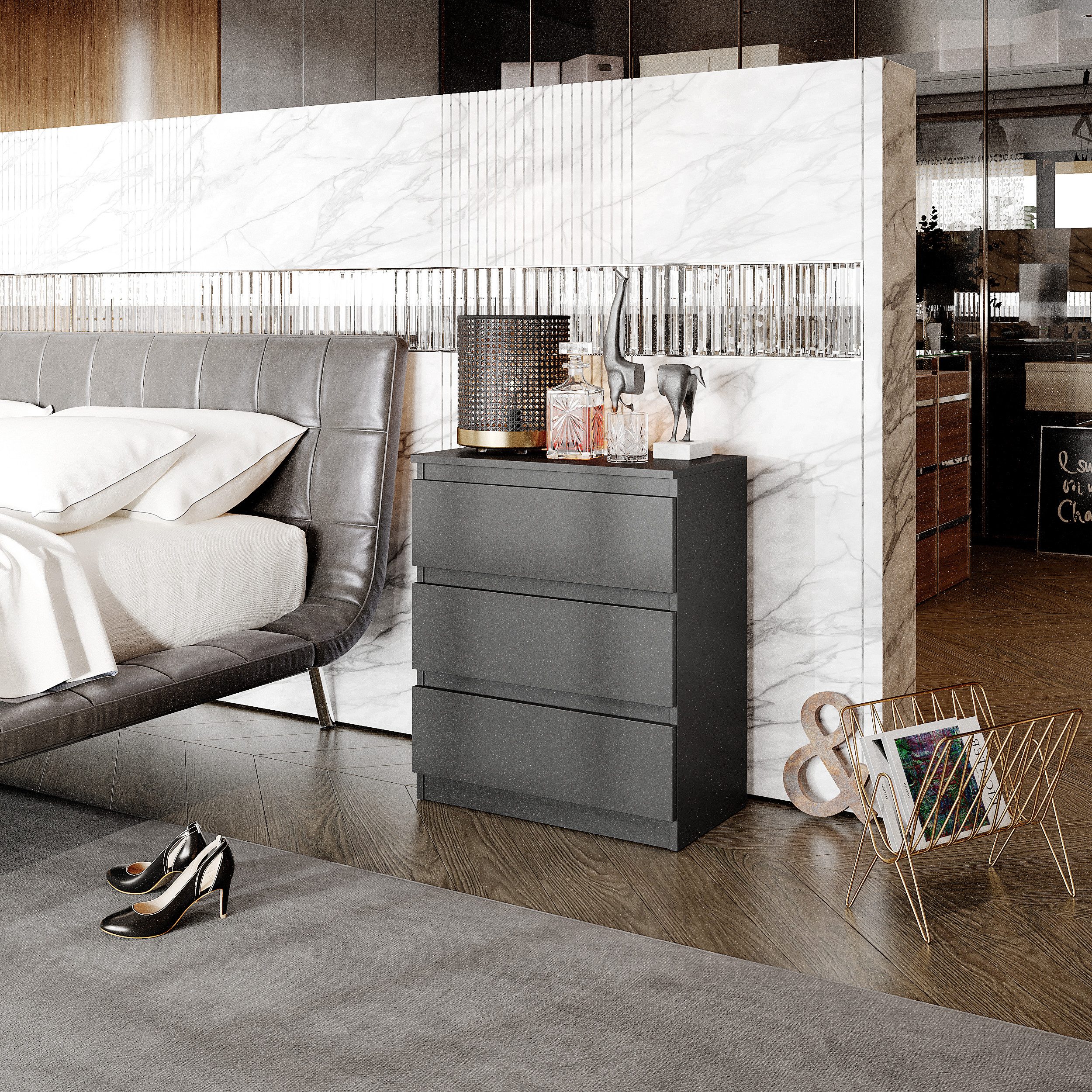 Furnica Nachttisch GABRIEL - Nachttisch mit 3 Schubladen - Wotan Eiche - H7 günstig online kaufen