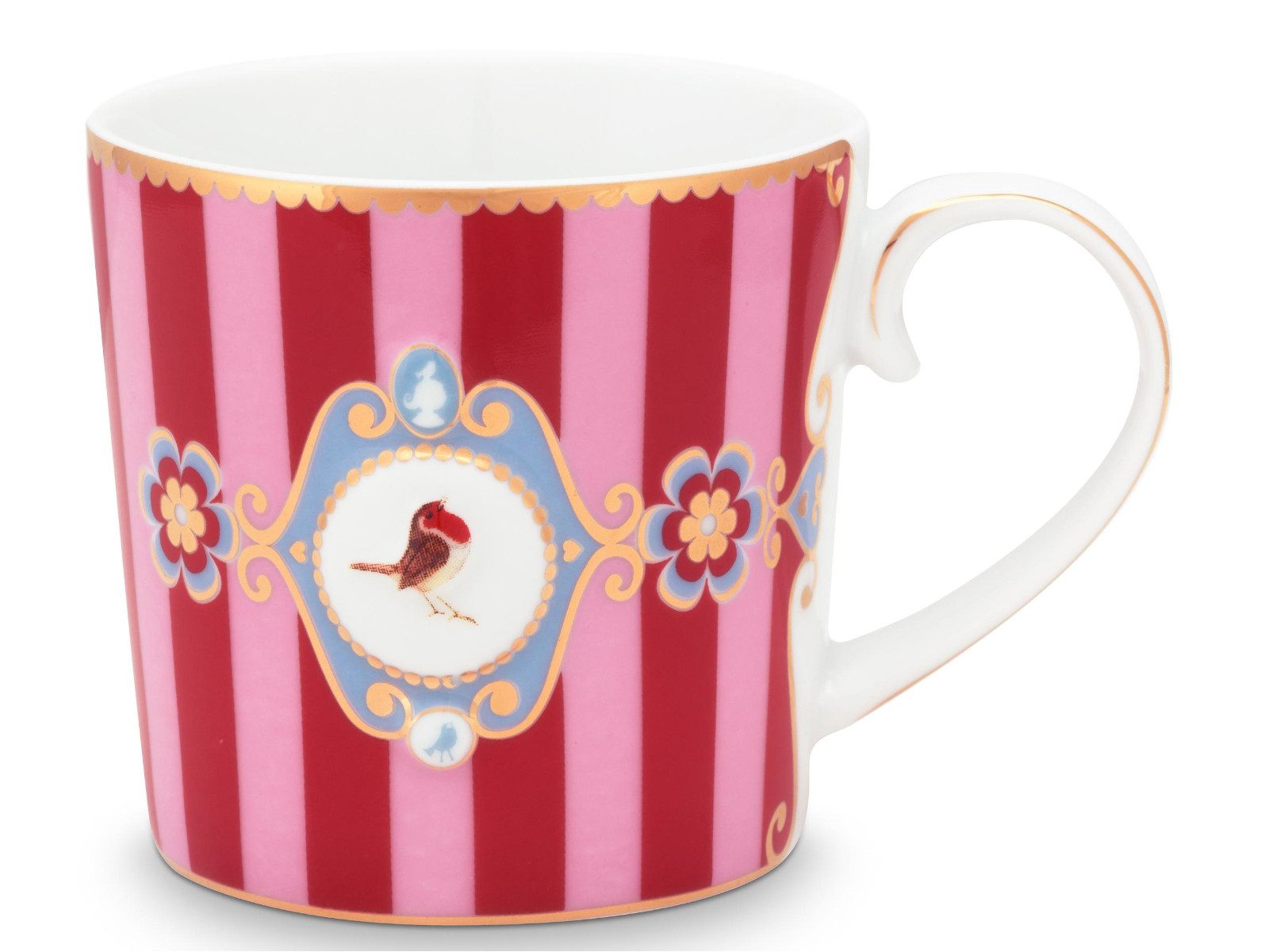 PiP Studio Becher Love Birds Medallion Stripes Red-Pink Henkelbecher Small 0,15l Set2, Porzellan