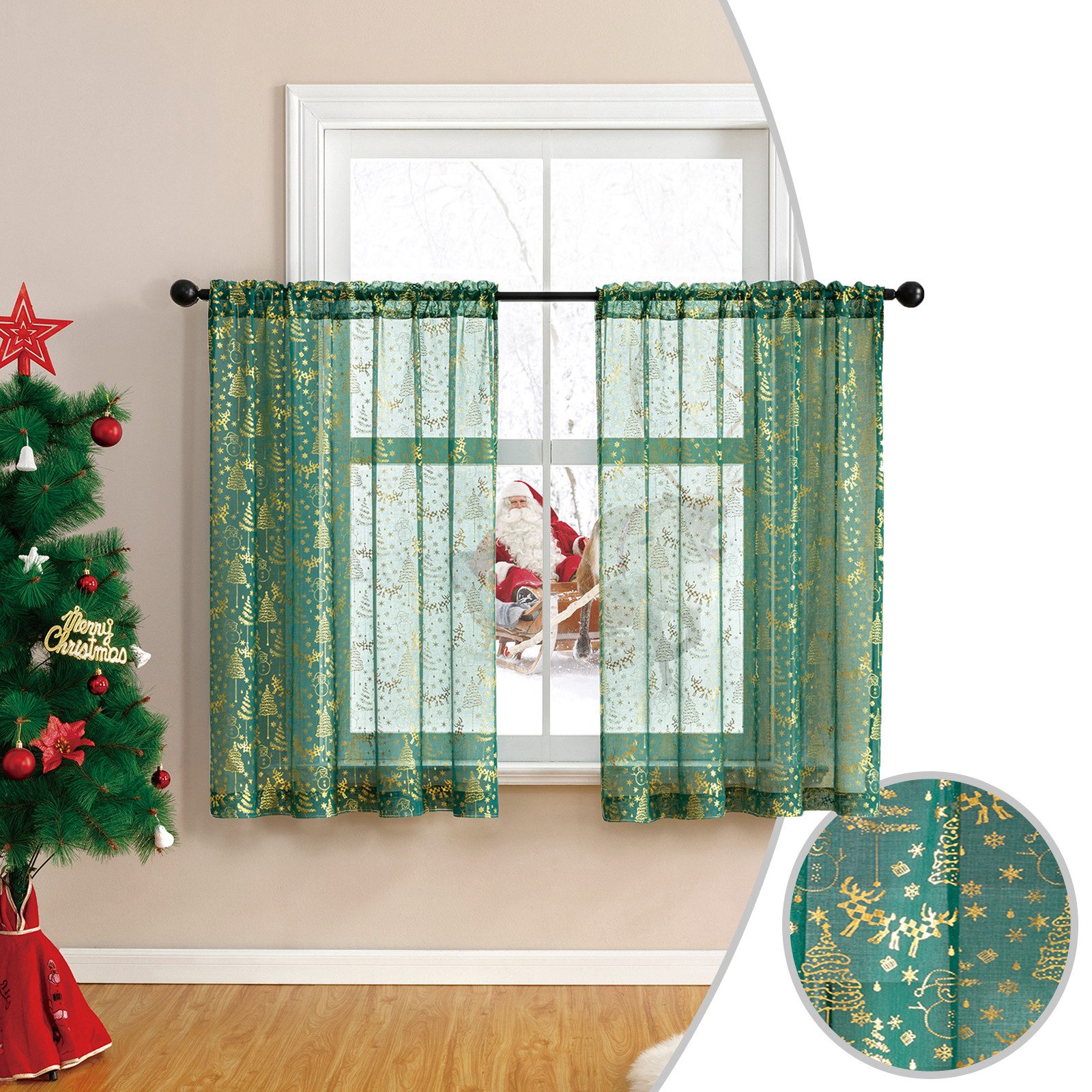 BTTO V&G Vorhang Weihnachtsvorhang mit Goldfolie Kurz Gardinen 2 Stück, Dek günstig online kaufen