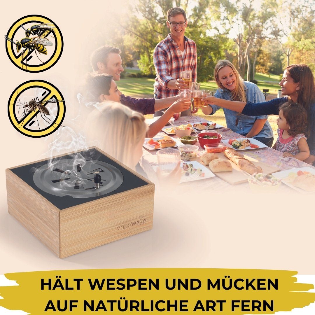 VapoWesp Räucherbox Räucherbox gegen Wespen und Mücken, Starter-Set oder Komplett-Set (3-tlg) Aromatisierter Kaffeerauch vertreibt Insekten auf natürliche Art
