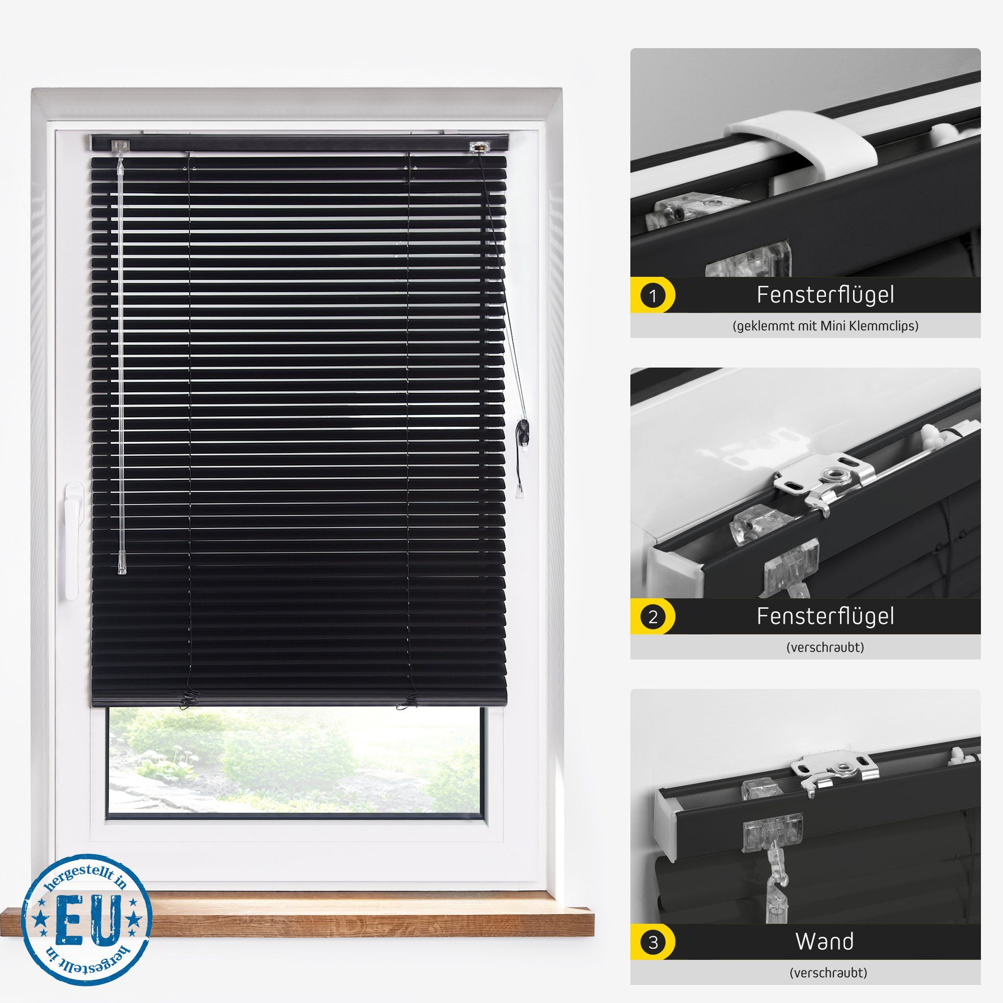 jalousiescout Jalousie Alu Jalousie 25 mm 40 x 130 cm schwarz matt Verdunkelnd LightLess, ohne Bohren, geklemmt oder verschaubt, Aluminium, vollverdunkelnd, Feu – Bild 5 von 5
