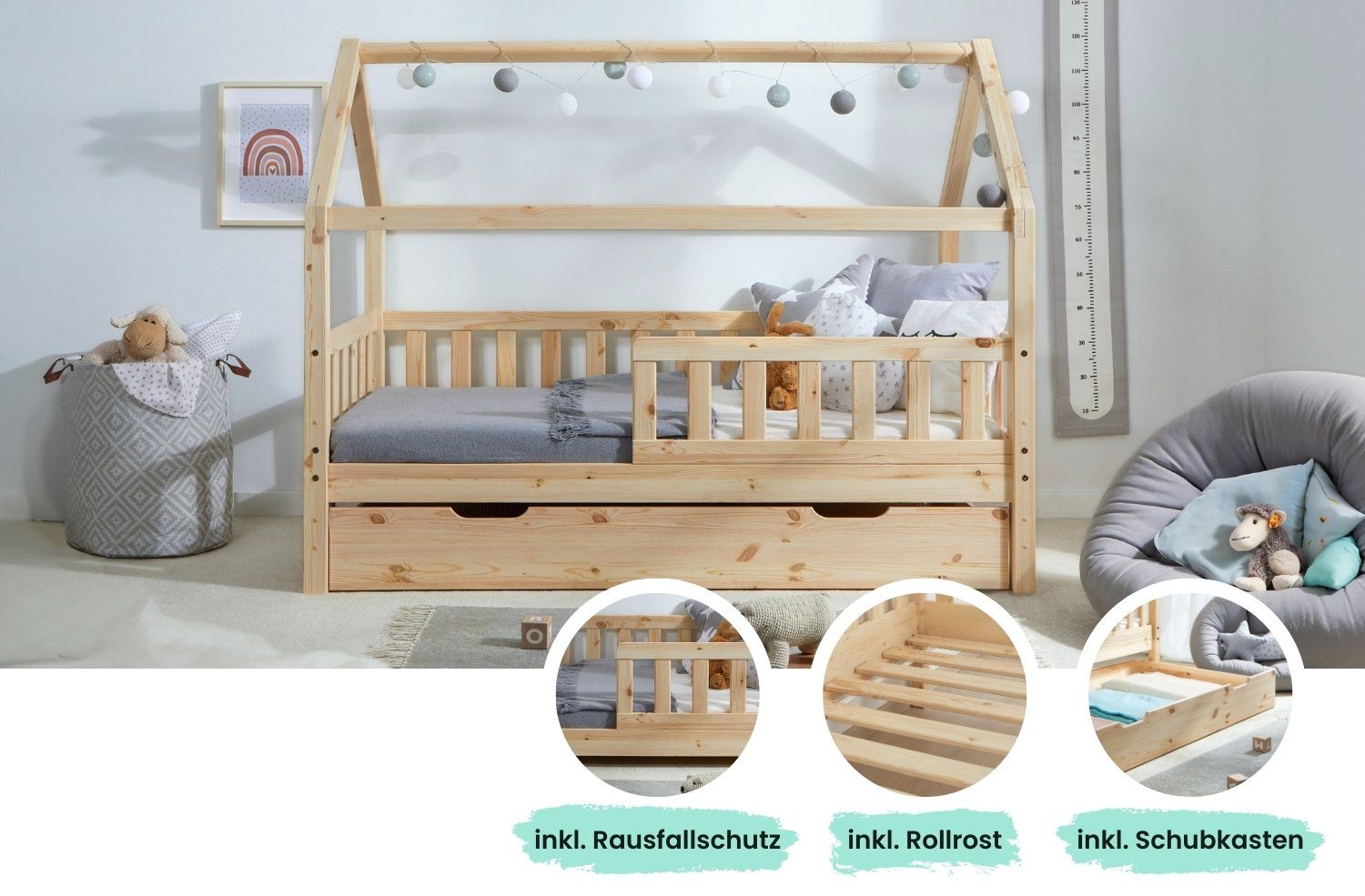 Ticaa Hausbett Kay mit Rausfallschutz und Schubkasten aus Kiefer, Kinderbett 80x160, inkl. Dach, mit Rollrost