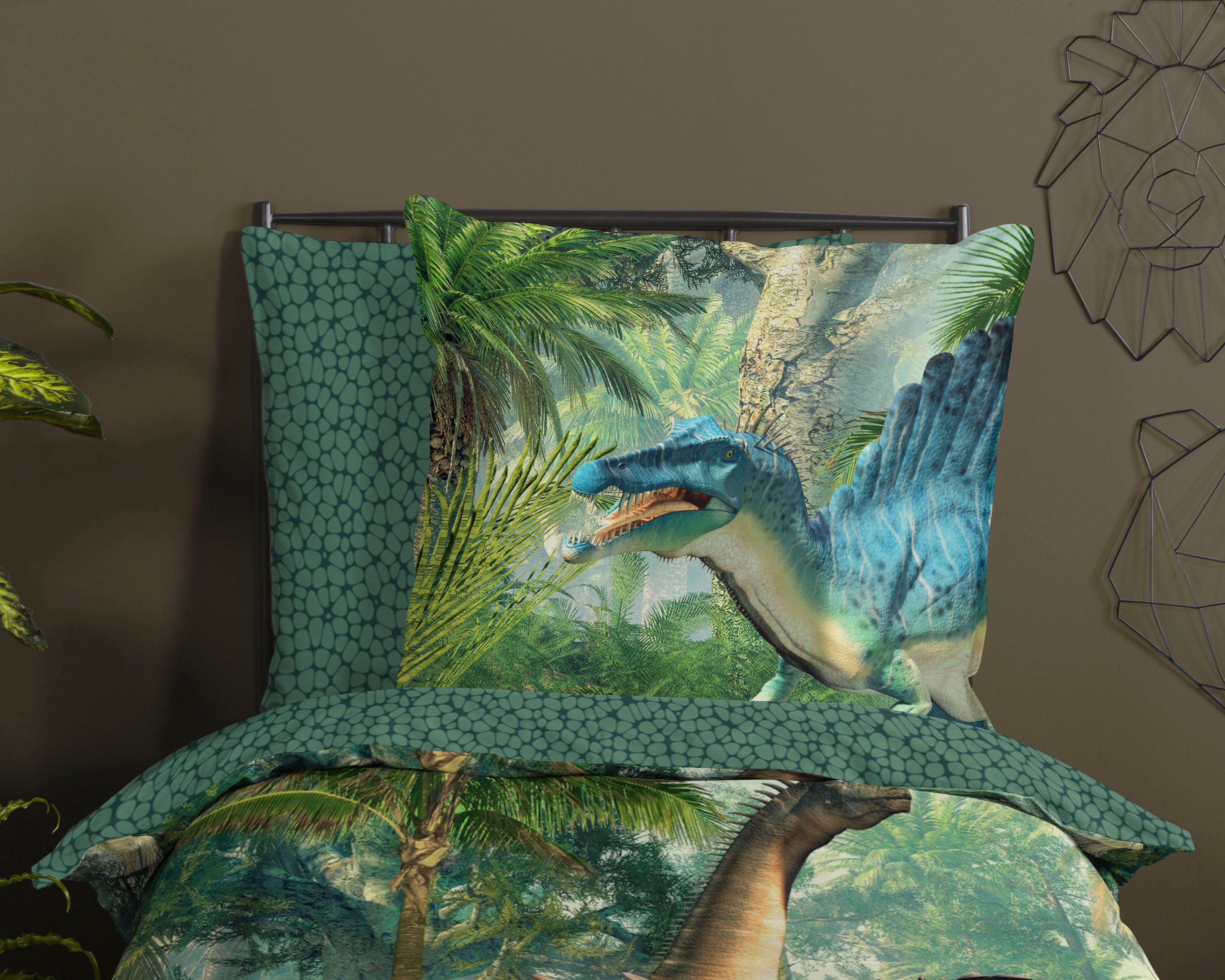 good morning Kinderbettwäsche Jurassic, Renforcé, 2 teilig, Baumwolle, 135x200, Reißverschluss, Wendeoptik, Kind, Dino, Junge – Bild 4 von 5