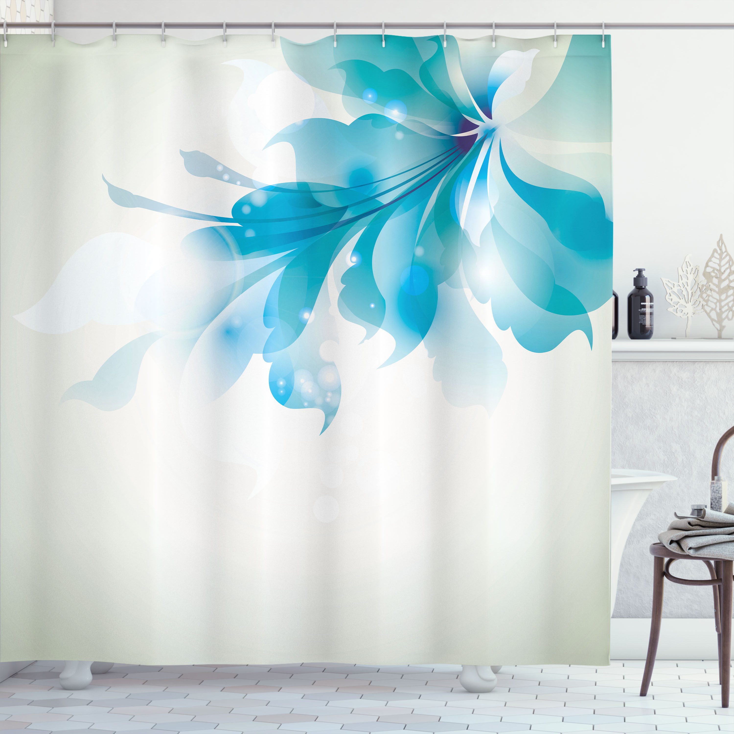 Duschvorhang Mit Pfotenabdruck & Haustiergesichtern – Floraler Sonnenaufgang-Design, 12 Hake Inklusive – Waschbar & Pflegeleicht