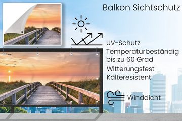 MuchoWow Balkonsichtschutz Sonnenuntergang - Meer - Weg - Gras - Düne - Vögel (1-St) Balkonbanner, Sichtschutz für den Balkon, Robustes und wetterfest