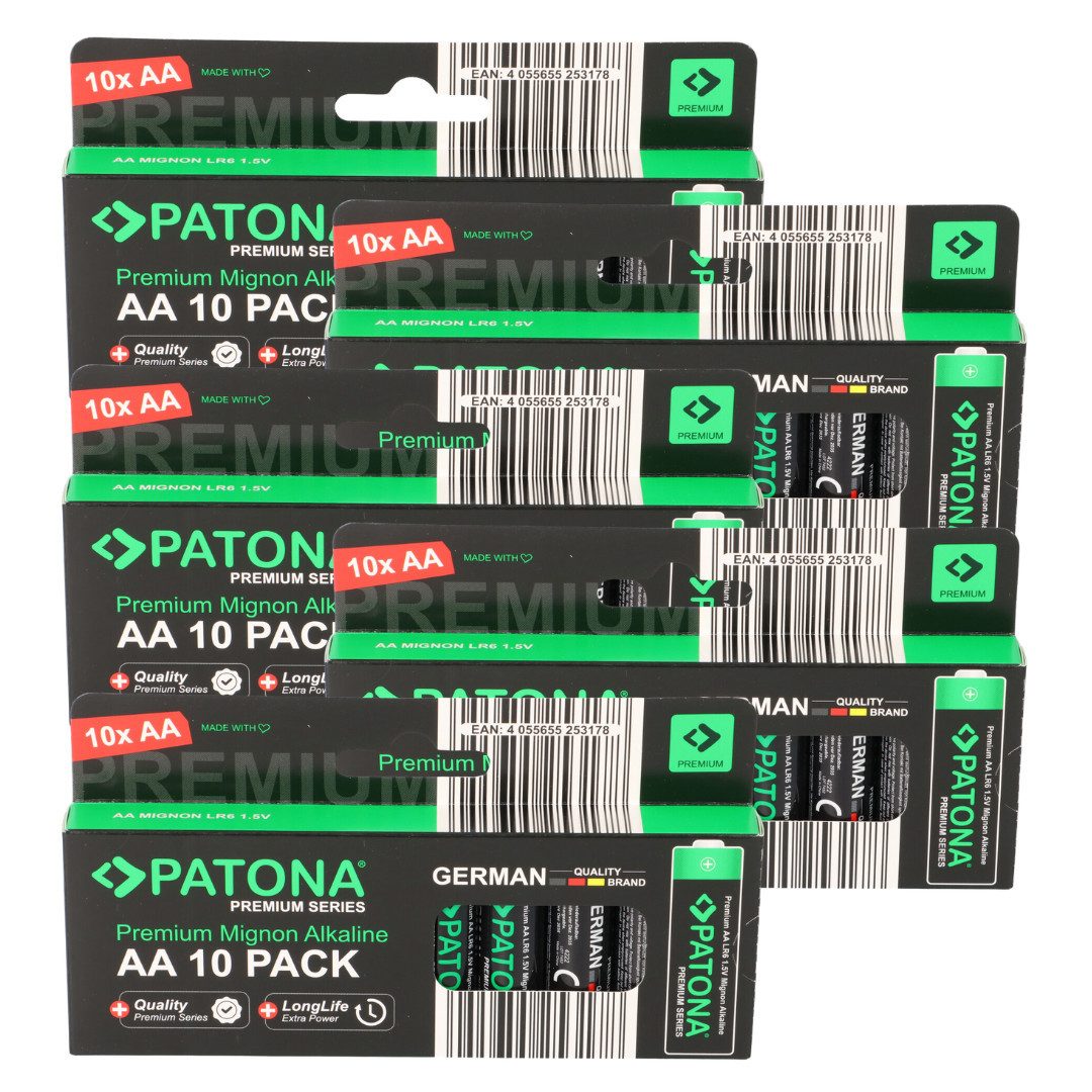 Patona PATONA Premium 50x AA Batterien (5x10er) Pack 1,5V Alkaline Batterie