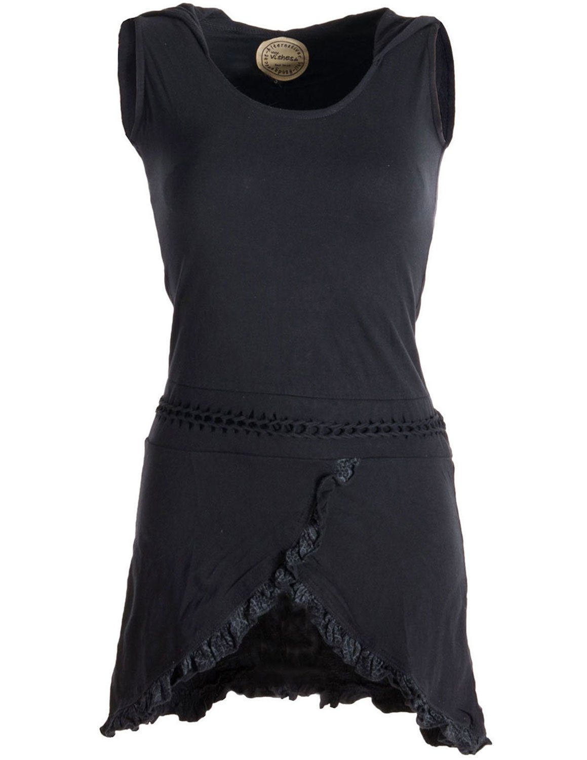 Vishes Zipfelkleid Asymmetrisches Lagenlook Baumwollkleid mit Rüschen, Flechtwerk und Zipfelkapuze schwarz