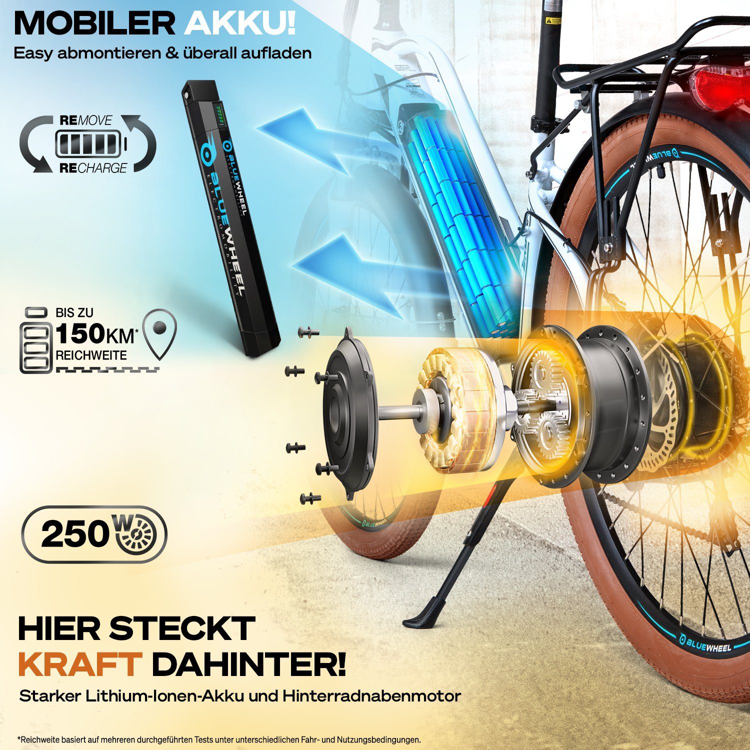 Ebike I Bluewheel 7 Qualitätsmarke Deutsche E-Bike Wh Kettenschaltung, Top Gang, Akku, Electromobility BXB85, City + 373,40 Heckmotor, Nabenmotor
