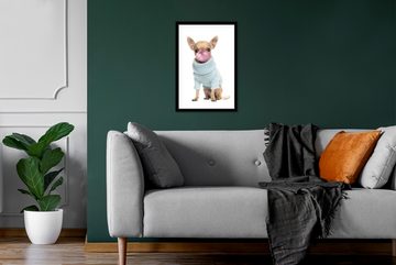 MuchoWow Poster Hund - Kaugummi pusten - Chihuahua - Spaß für Kinder - Mädchen -, (1 St), Gerahmtes Poster, Wanddeko, Bilder, Wandposter, Schwarzem Bilderrahmen