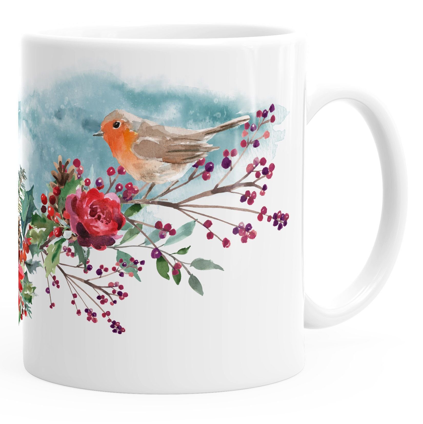 Autiga Tasse Kaffee-Tasse Vogel Rotkehlchen Blumen Misteln Watercolor Bird Weihnachten Christmas Autiga®, Keramik