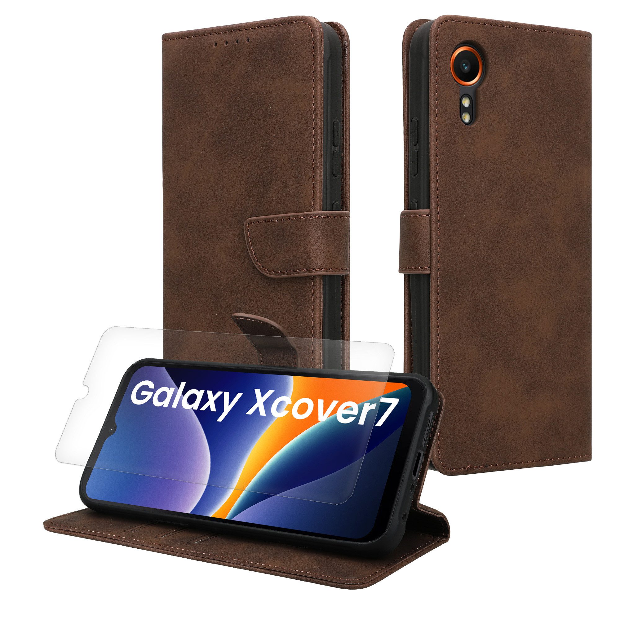 kwmobile Smartphone-Hülle Kunstleder Handyhülle für Samsung Galaxy Xcover7 Hülle, Brieftaschen Schutzhülle aus PU-Leder mit Displayschutz