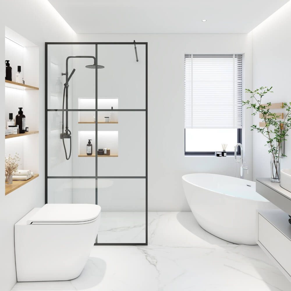 HOME DELUXE Duschwand Duschabtrennung BAKI Schwarz 6 Raster, Einscheibensicherheitsglas