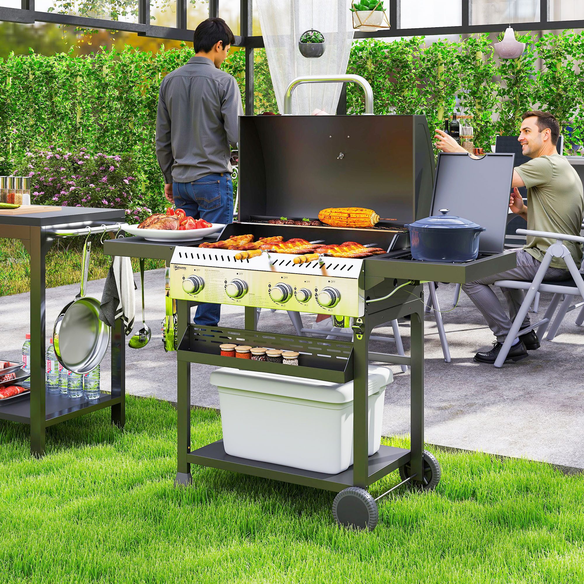 Outsunny Gasgrill mit Seitenbrenner Thermometer Grillrost Kochfeld, Gas-Grill 2,5 KW 4+1 Brenner, BBQ Grillwagen aus Edelstahl, für Balkon, Camping, 135 x 55 x 103cm