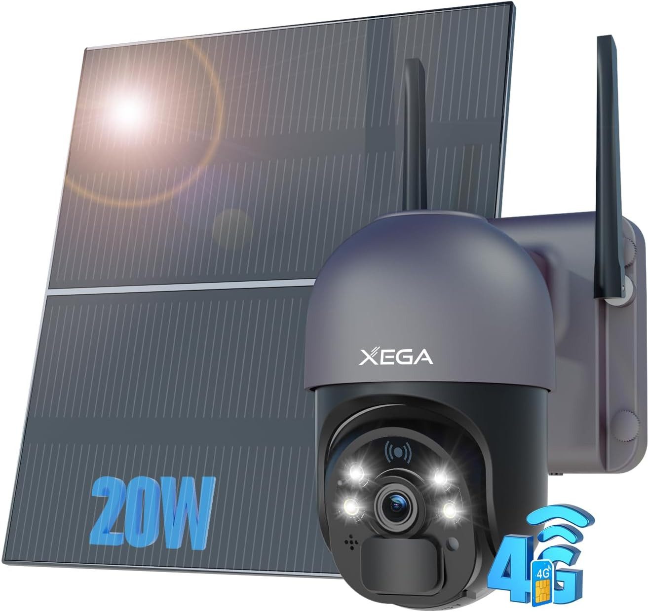 XEGA Überwachungskamera Solar Camera 4G Outdoor with SIM Card Without WiFi Panel 20W 20000mAh (Außenbereich, Set, Enthält Kamera, Solarpanel, SIM-Karte, Ladekabel und Anleitung, Solarbetrieb,4G,Bewegungserkennung,Nachtsicht,24h-Daueraufnahme,IP66)