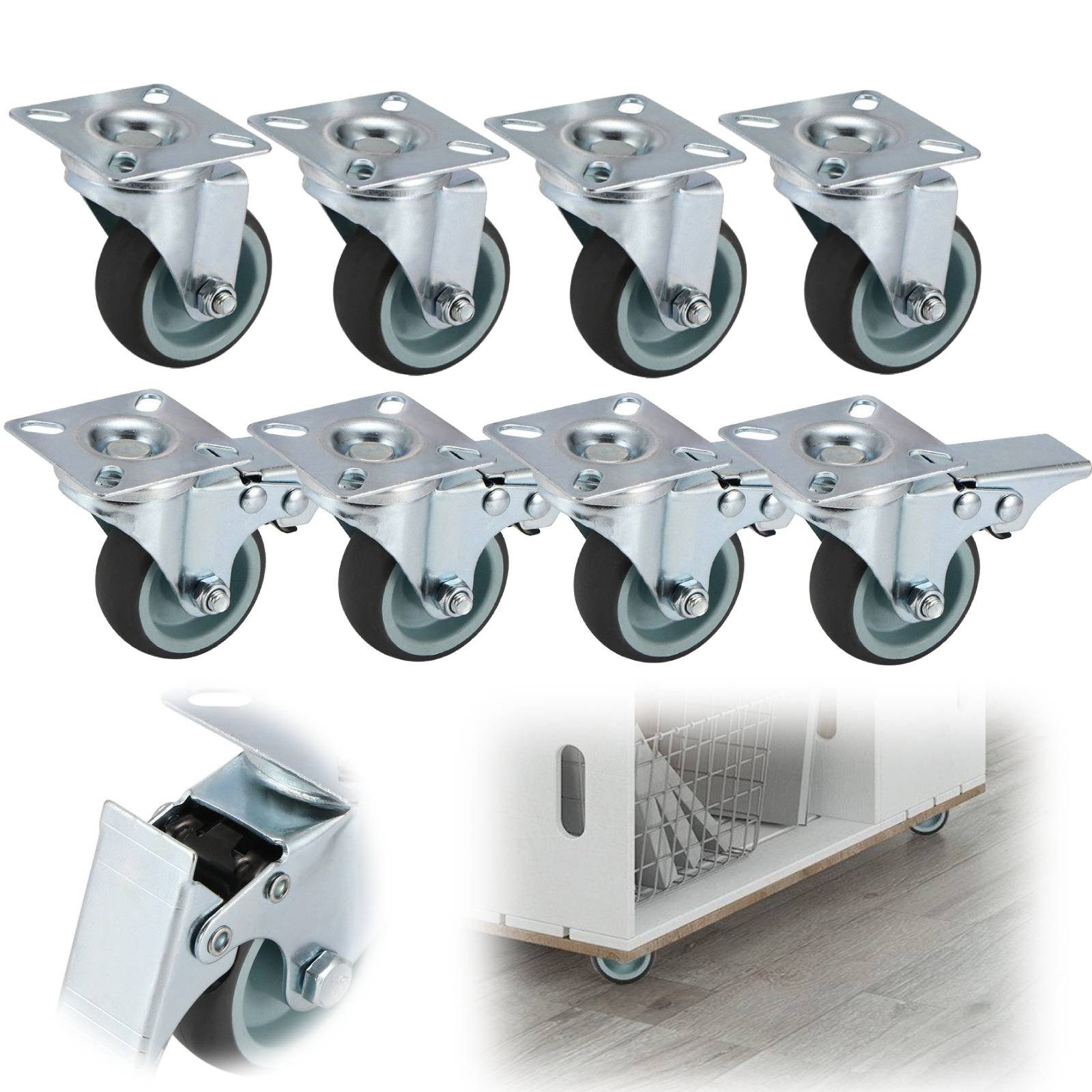 BlingBin Schwerlastrolle 4/8 Stücke 50mm Lenkrollen Doppelrollen Möbelrollen mit Bremse, (8er Set, 8-St., 8 Stück), Transportrollen 360° Drehbar Kein Geräusch für Wohn- und Büro