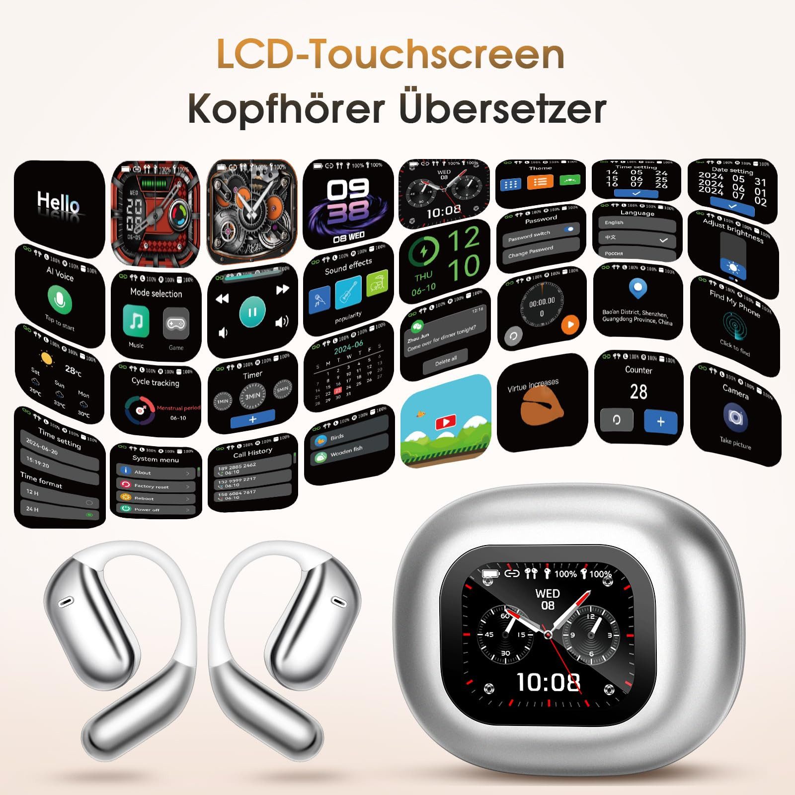 MOPUEA Übersetzer Kopfhörer LCD-Touchscreen Kopfhörer Übersetzer Bluetooth-Kopfhörer (mit 144 Sprachen, Bluetooth 5.4, Sprachübersetzer Kopfhörer für Reisen, Studium, Sport)