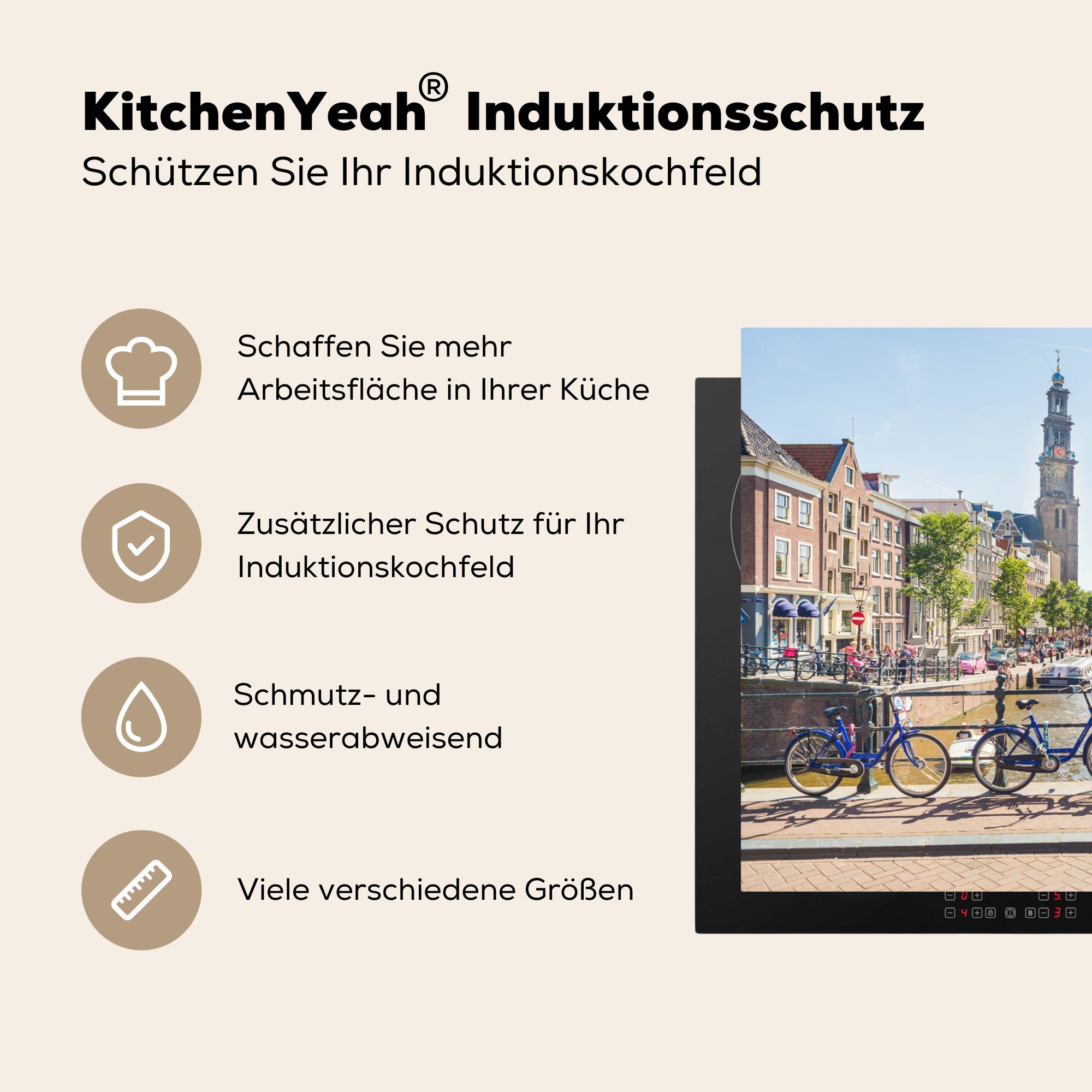 Induktionskochfeld 81x52 - MuchoWow die - tlg), für Herdblende-/Abdeckplatte küche, Vinyl, Ceranfeldabdeckung Schutz Fahrrad Amsterdam Gracht, (1 cm,