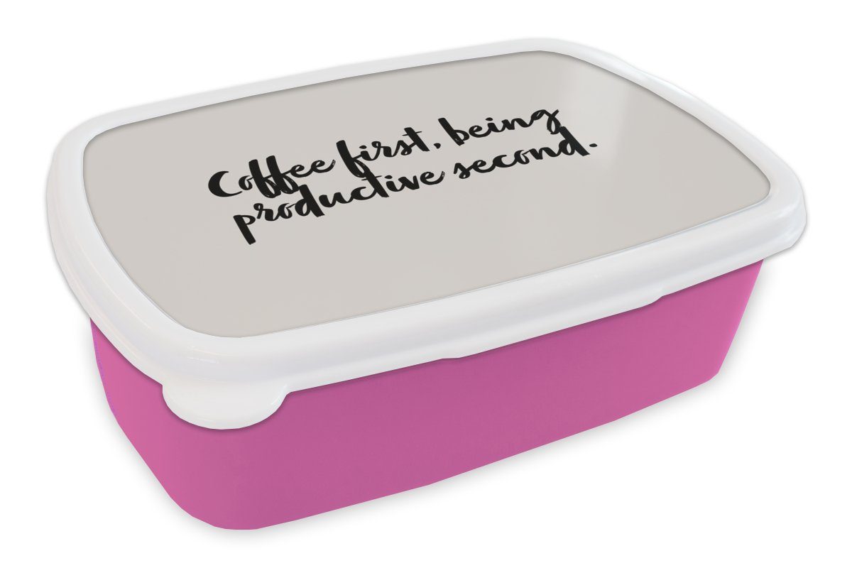 MuchoWow Lunchbox Kaffee - Zitate - Sprichwörter - Erst Kaffee, dann produktiv sein -, Kunststoff, (2-tlg), Brotbox für Erwachsene, Brotdose Kinder, Snackbox, Mädchen, Kunststoff rosa