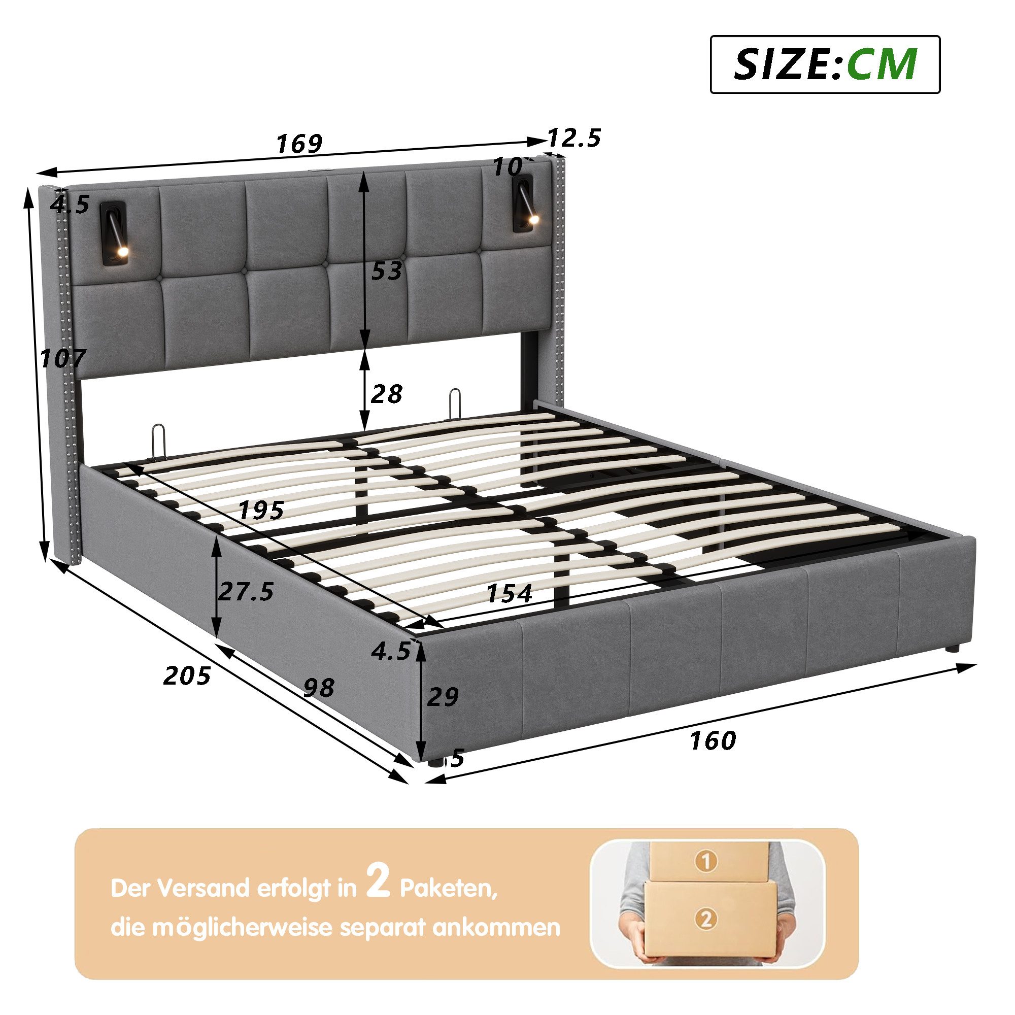 PXloue Stauraumbett Polsterbett Doppelbett, mit bettkasten und Lattenrost,Samtstoff,Leselicht,160x200 cm – Bild 5 von 5