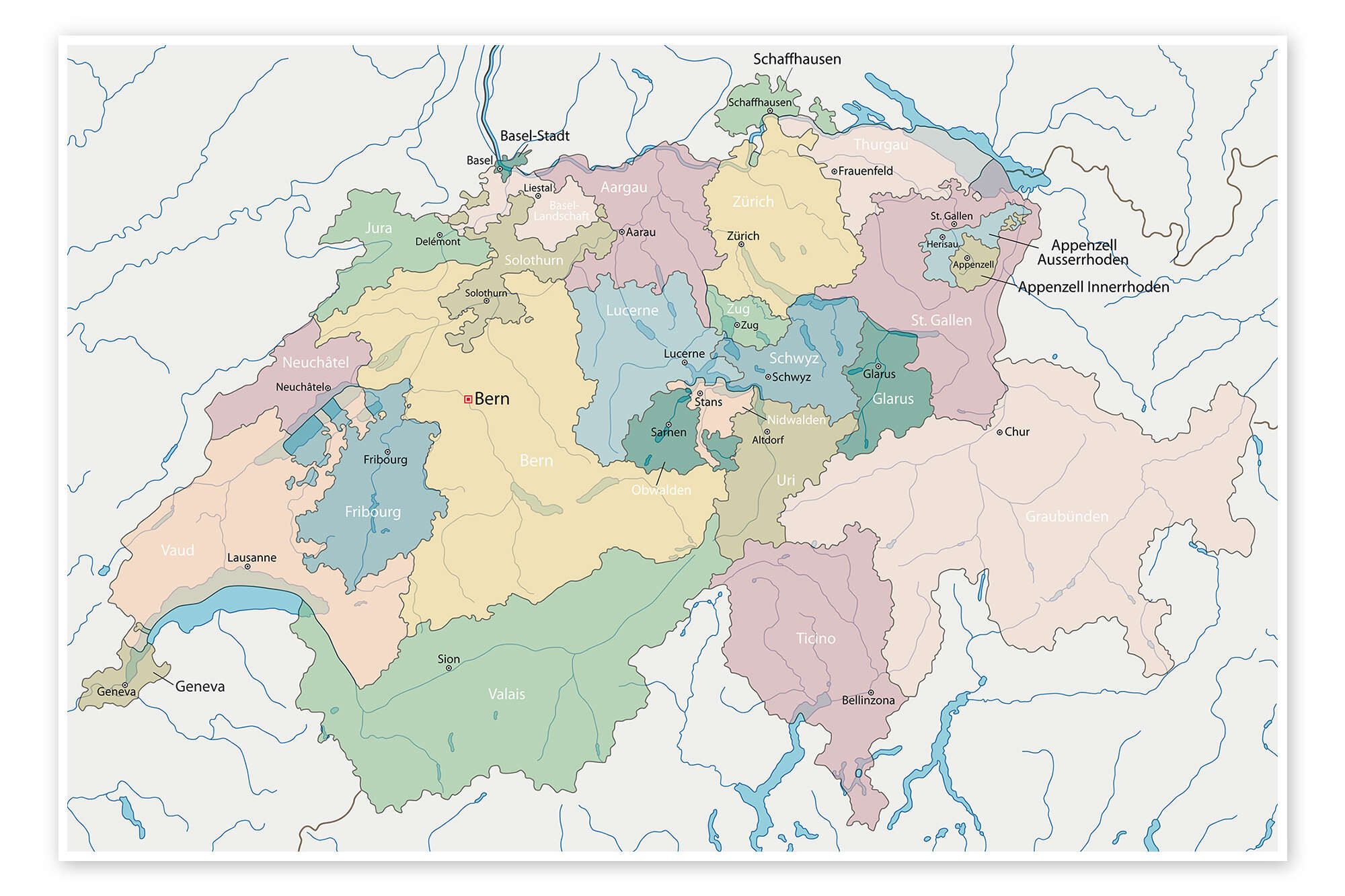 Posterlounge Wandbild Schweiz - Landkarte, Editors Choice, erhältlich als Poster, Leinwandbild, Wandsticker oder Acrylglasbild