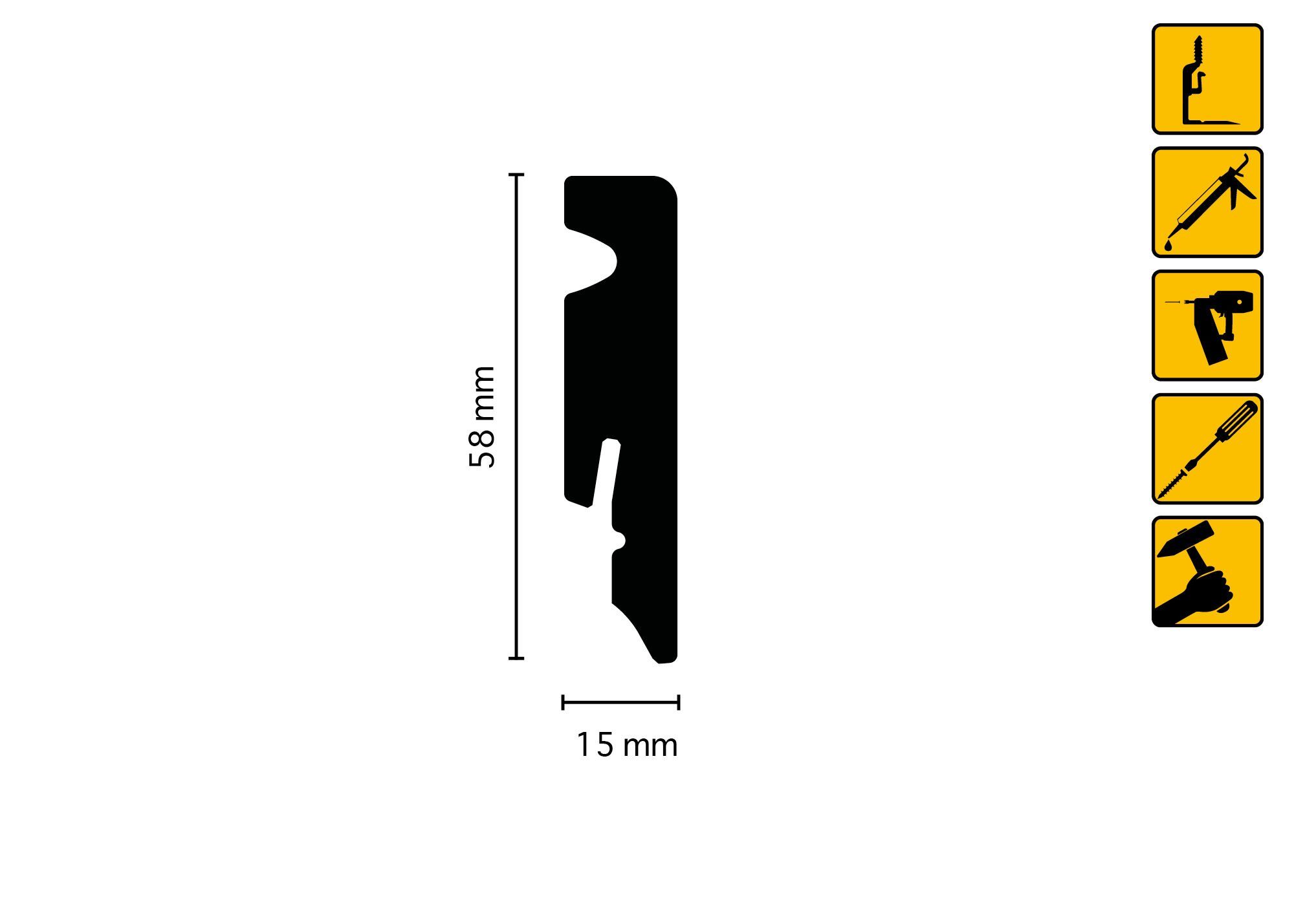 1 cm, Stück 240 nestup Sockelleiste 15x58x2400mm, Sockelleiste, L: MDF - weiß foliert, H: NU062 cm, 5.8