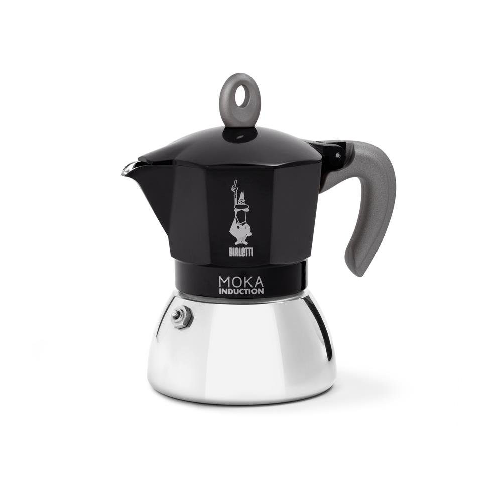 BIALETTI Espressokocher New Moka, 0,15l Kaffeekanne, aus Aluminium / Stahl, für vier Tassen, Kaffeemaschine, Kaffeekocher, für Induktions-, Gasherd, Elektroherd und Propan-Campingkocher geeignet, für Camping, Silber / Schwarz