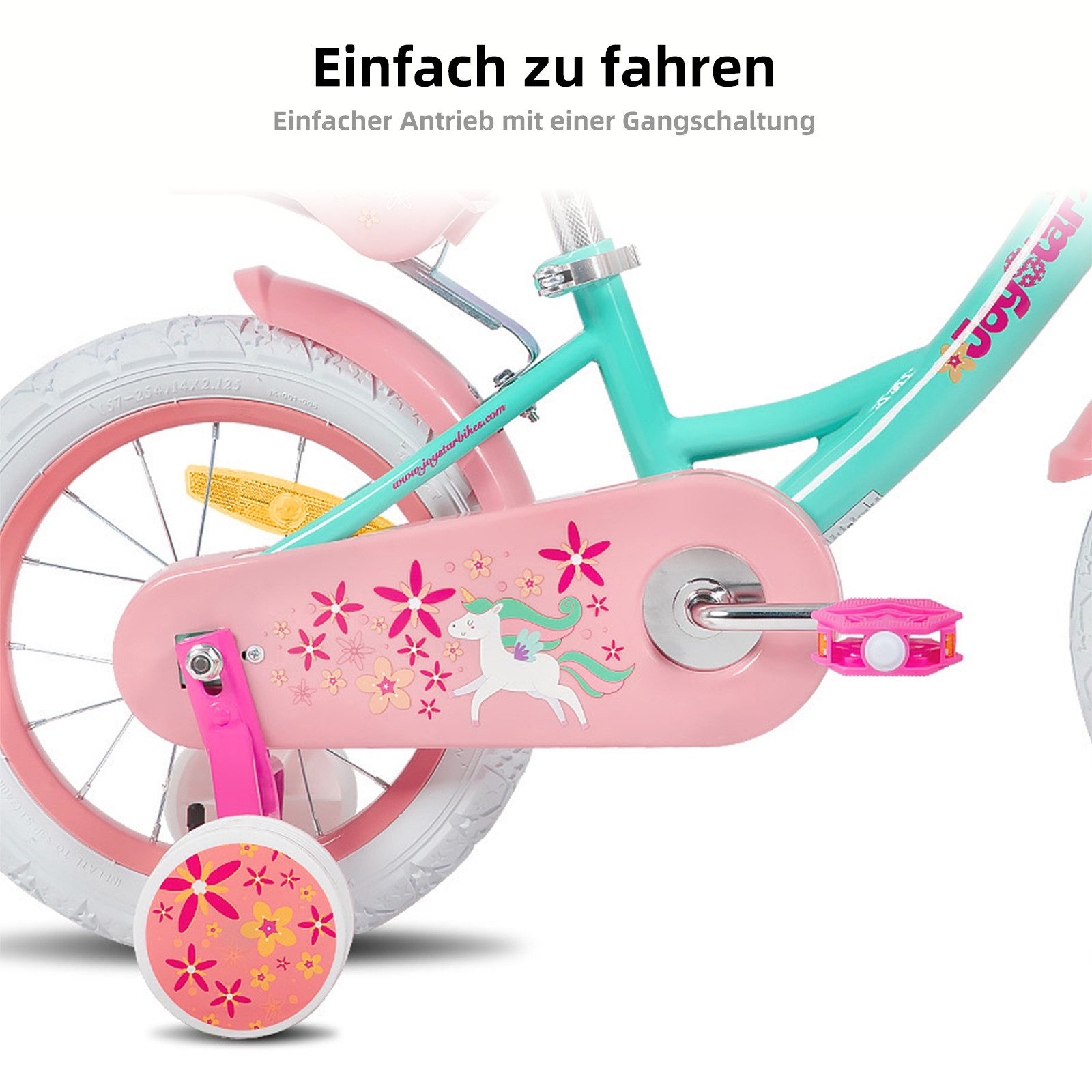 JOYSTAR Kinderfahrrad 12 14 16 18 Zoll Mädchenfahrrad, 3 - 9 Jahre, Geschenk für Prinzessin, 1 Gang, Puppenradsitz & Stützrädern& Korbstreamer, 18 Zoll mit Stützrädern