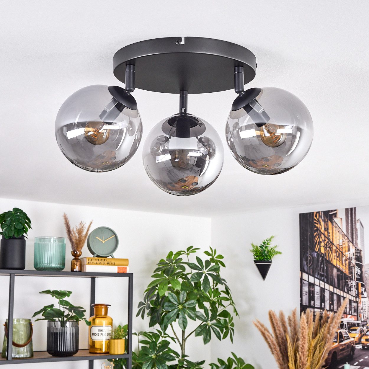 hofstein Deckenleuchte Deckenlampe aus Metall/Glas in Schwarz/Rauchfarben, günstig online kaufen