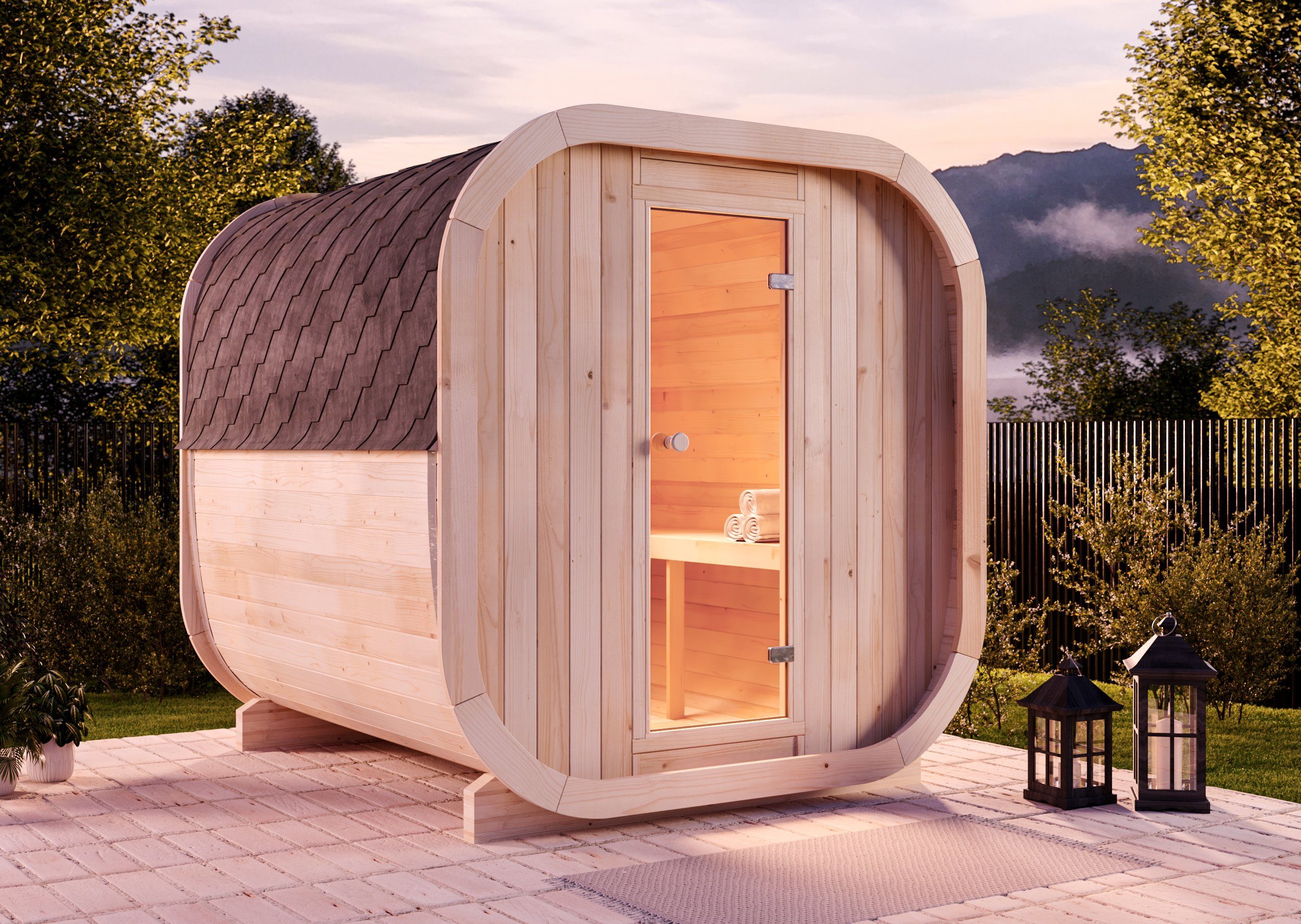 FinnTherm Fasssauna ScandiCube Comfort, BxTxH: 210 x 226 x 214 cm, 42 mm, in Naturbelassen Inkl. Fußboden