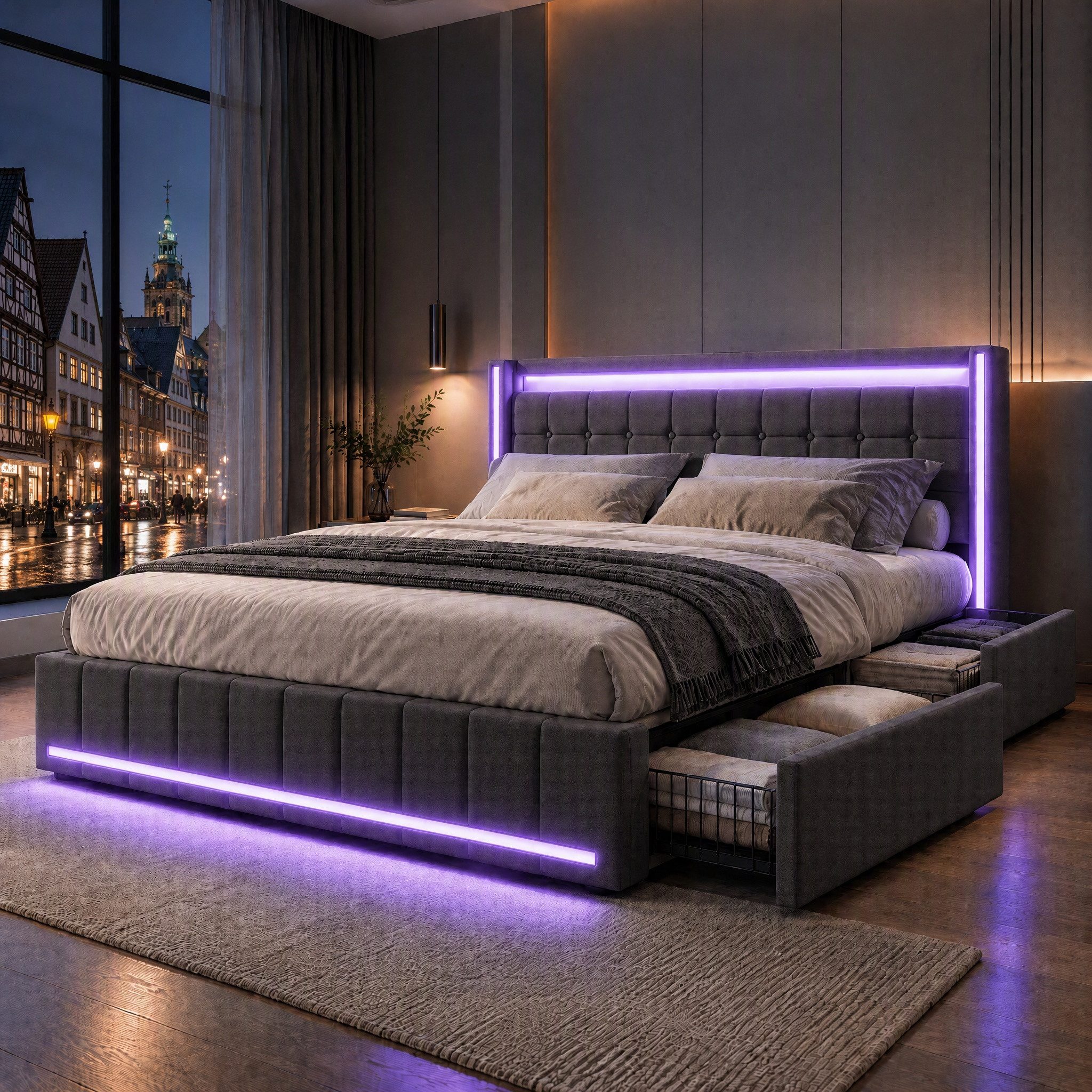 Gdood Polsterbett Stauraumbett Doppelbett LED (1-tlg., 4 Schubladen, USB + Type-C), Mit LED-Beleuchtung, Ladeanschluss, Leinen, 180x200 cm
