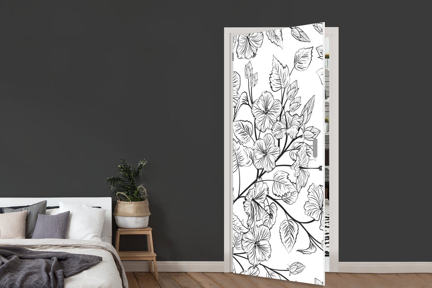 Eine 75x205 Illustration bedruckt, für Matt, Tür, cm Türaufkleber, St), Blumenmusters, (1 Fototapete schwarz-weiße eines Türtapete MuchoWow