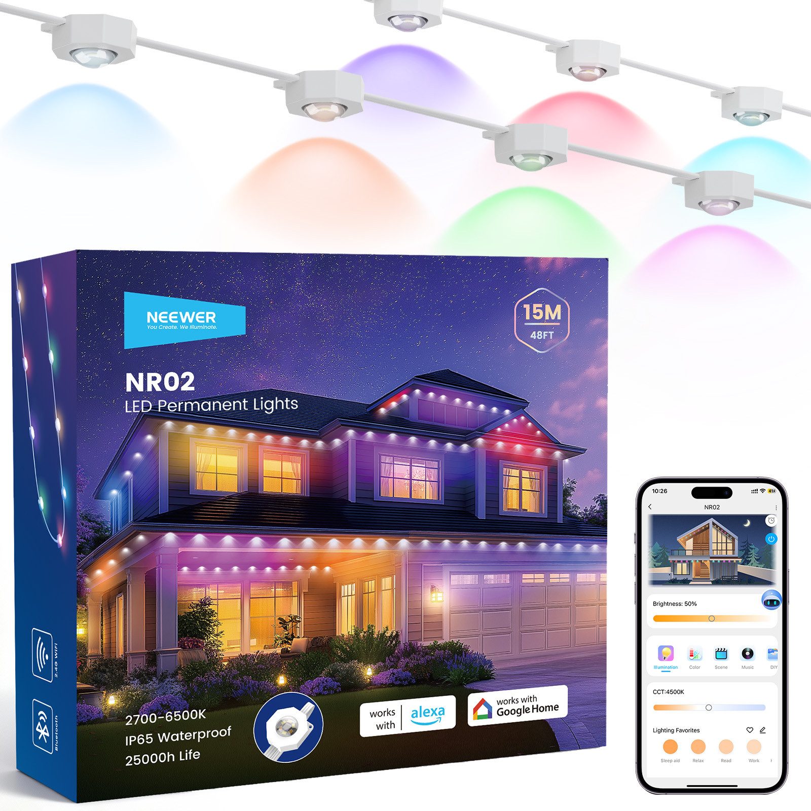 Neewer LED-Lichterkette NR02 15m/30m/45m/60m RGBCW Außenbeleuchtung für die Hausdekoration, intelligente AI App Steuerung, IP65 wasserdicht, mit Alexa