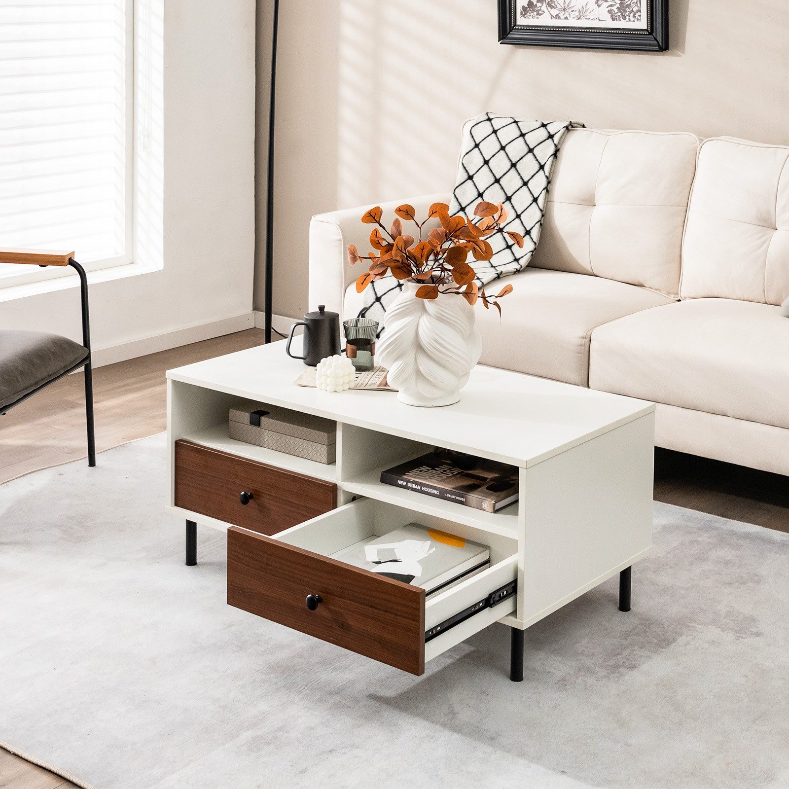 COSTWAY Couchtisch, mit 2 Schubladen & 2 Ablagen, rechteckig, 48x95x45cm