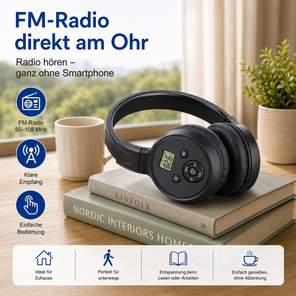 Tekoo UKW-Radio Kopfhörer wiederaufladbar 24h Akku FM Headset faltbar UKW-Radio (Senderspeicher, FM-Empfang, Automatischer Sendersuchlauf, Lange Akkulaufzeit (24h),Leichtgewicht(180g),Senderspeicher)