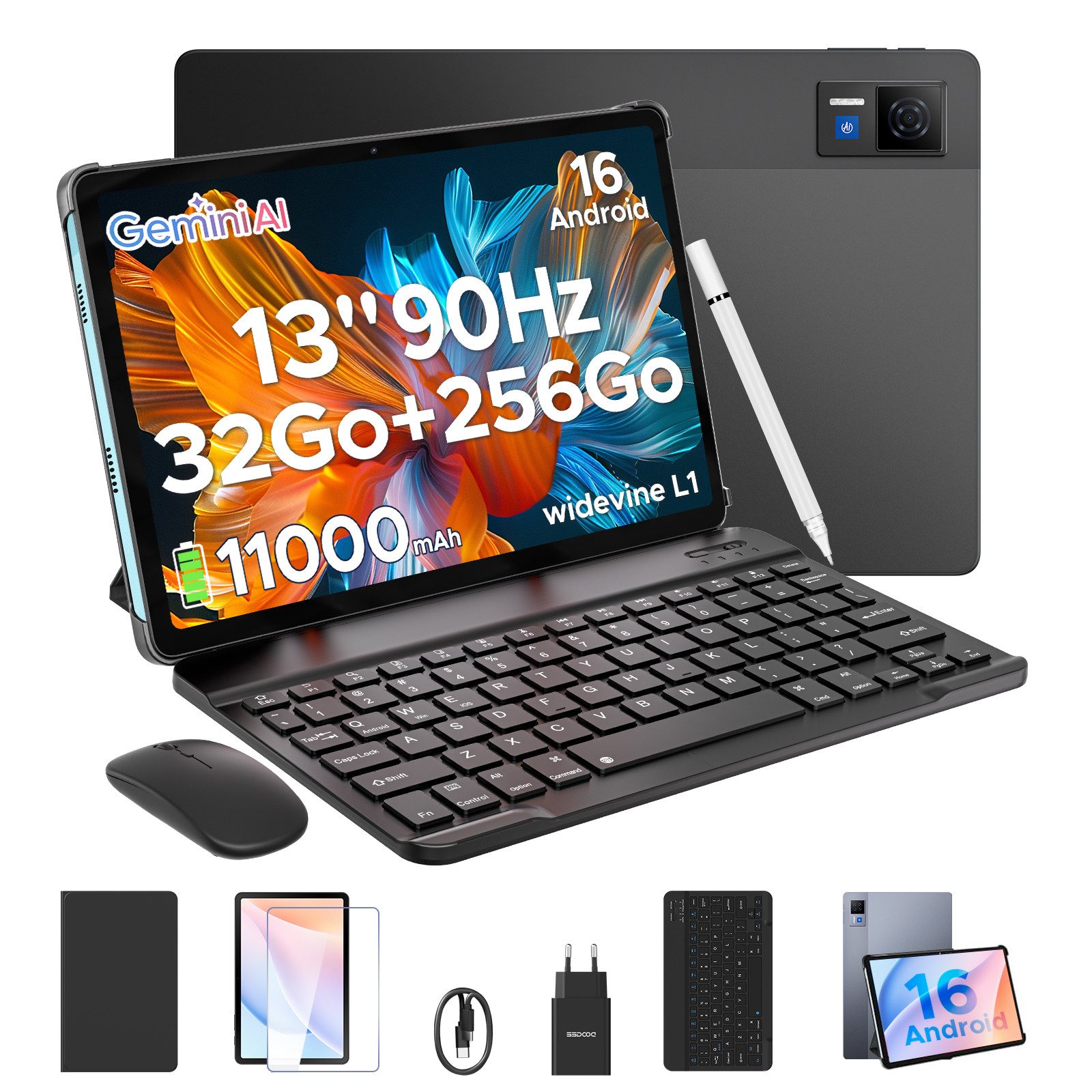 DOOGEE U13 Android 16 Tablet mit tastatur und Stift, 13 Zoll, 256GB, 11000mAh Tablet (13", Android 16, 90Hz, 13MP+8MP, 7,8mm dünn, WiFi5, GPS, GeminiAl)