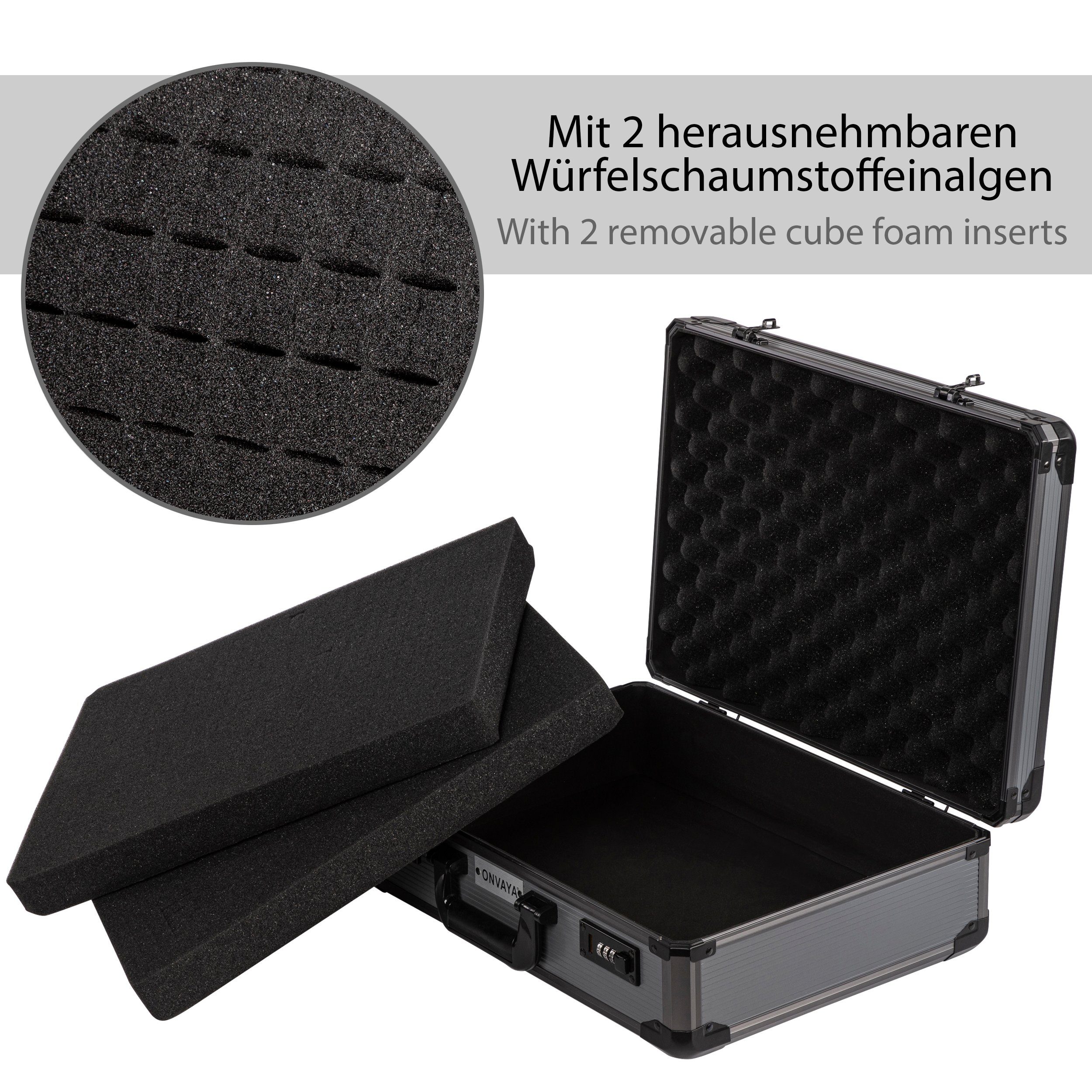 ONVAYA Koffer Alukoffer mit Zahlenschloss, schwarz Aluminium aus Schaumstoff Aktenkoffer mit