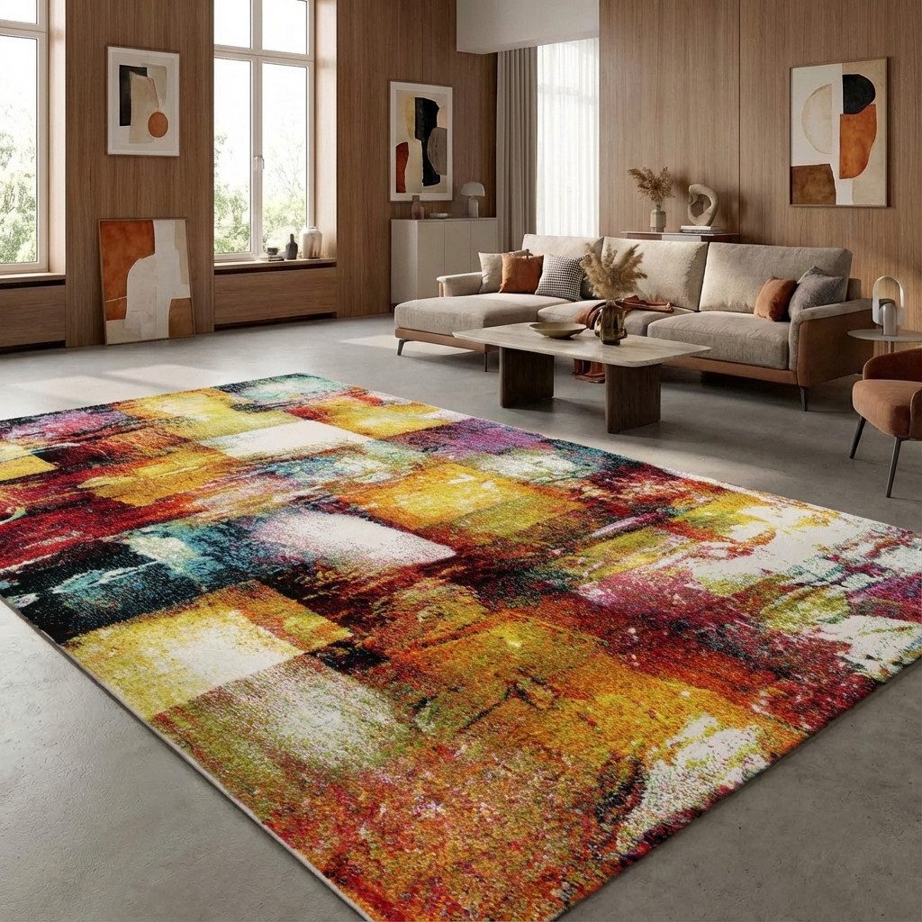 TaCa Home Teppich Kurzflor-Frisee-Teppich, rechteckig, Höhe: 16 mm, Wohnzimmer Esszimmer Schlafzimmer Gang Flur, bunt - 120 x 170 cm