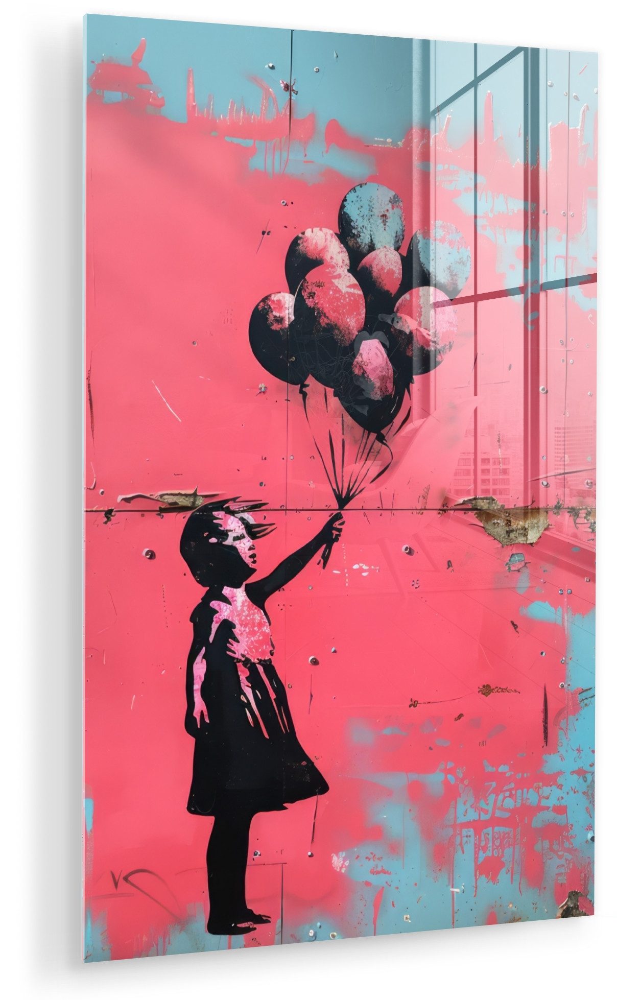 MuchoWow Acrylglasbild Graffiti - Mädchen - Luftballon - Rosa - Blau - Straßenkunst, Inkl. Aufhängung, Dekorative Bild für Küche & Wohnzimmer auf Glas, 20x30 cm