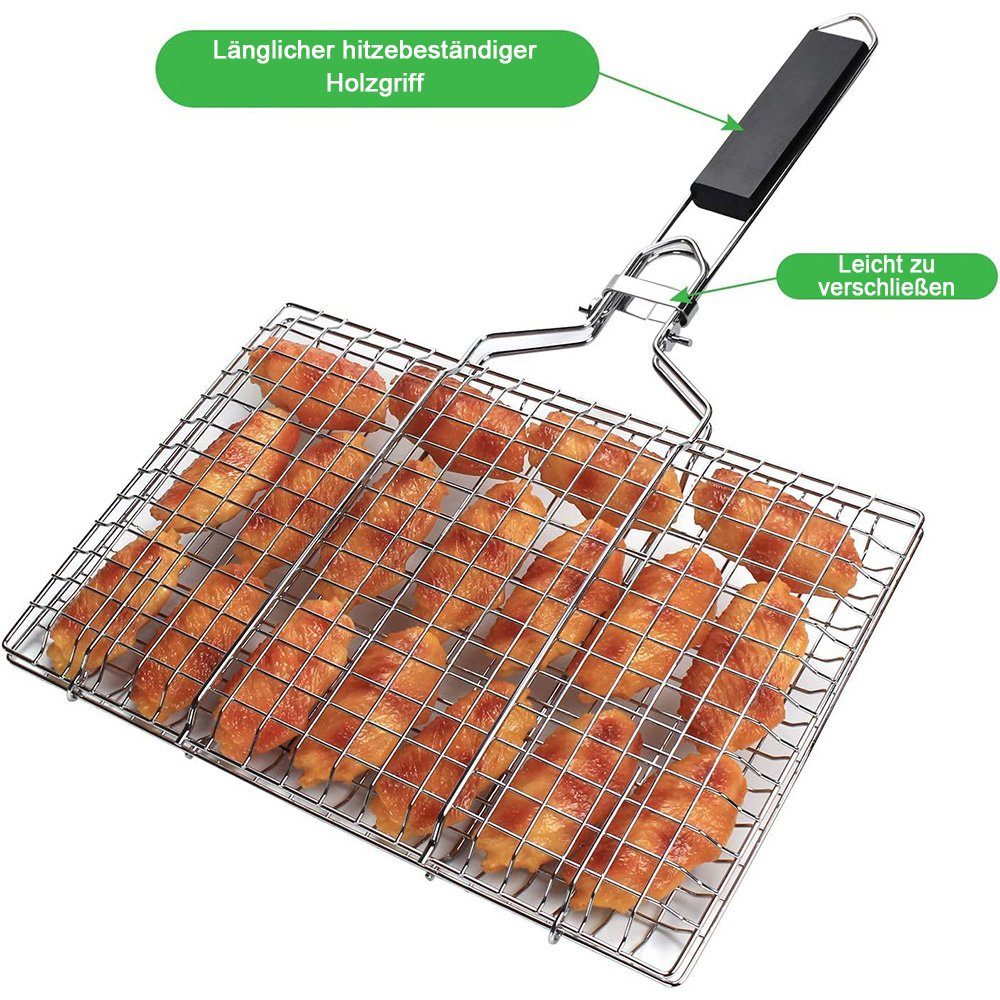 NUODWELL Grillplatte Fisch-Grillkorb, faltbar, tragbarer Edelstahl-Grillkorb für Grillen