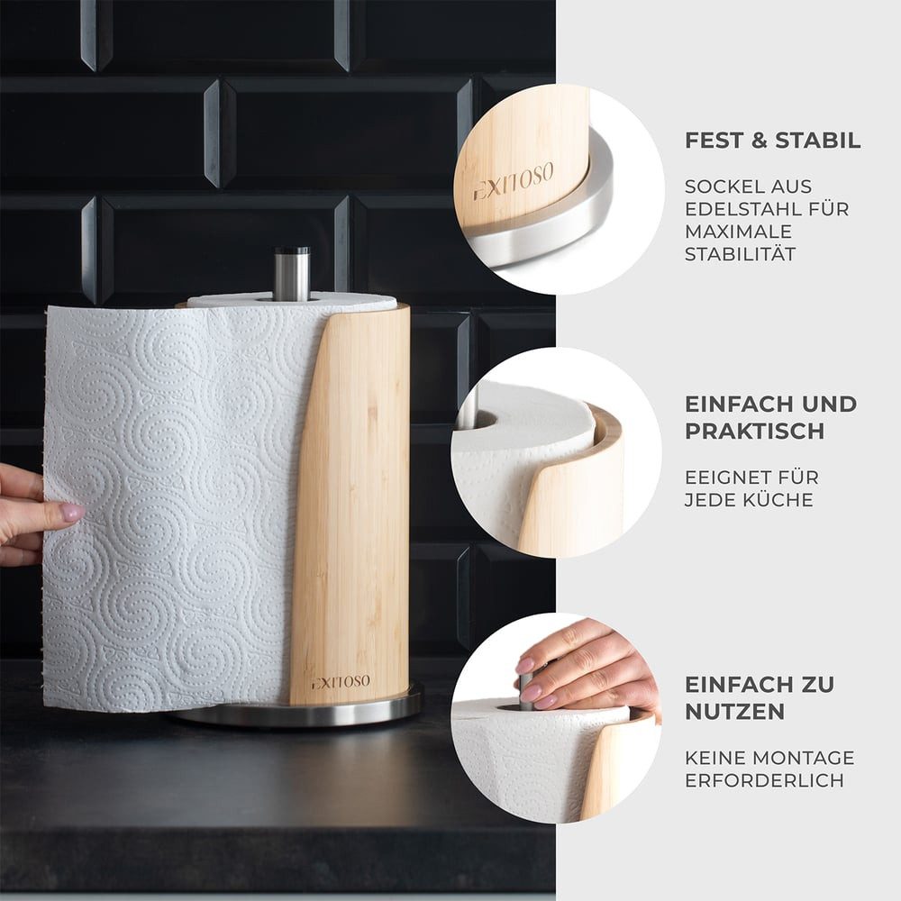 Exitoso Küchenrollenhalter Küchenrollenhalter - Bambus + Edelstahl - praktisch & stilvoll