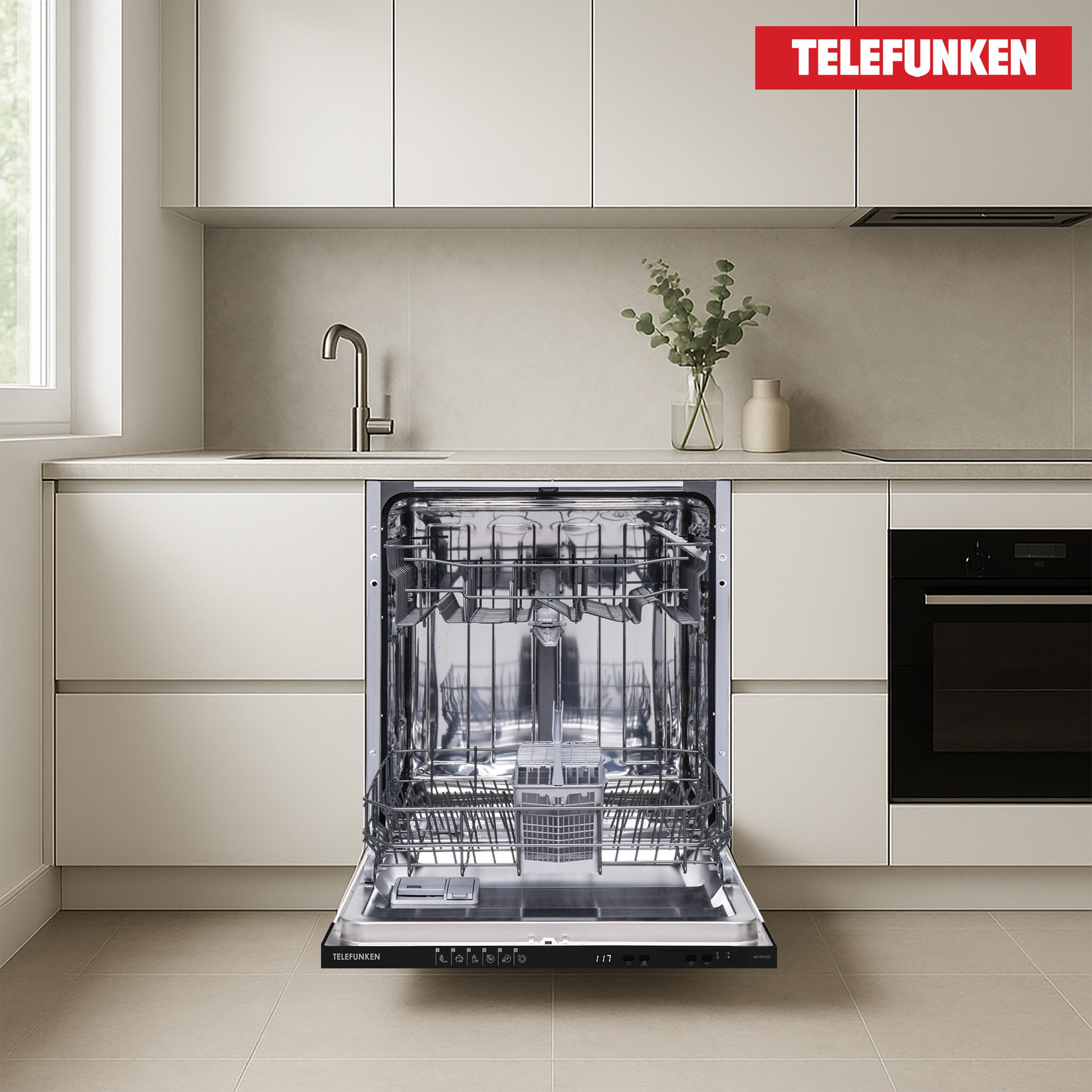 Telefunken vollintegrierbarer Geschirrspüler GEV6012D, 12 l, 12 Maßgedecke, Einbau Spülmaschine vollintegriert 60 cm, 12 Gedecke, AquaStop, 45 dB