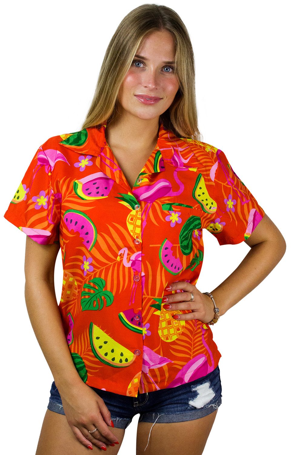 King Kameha Hawaiihemd Flamingo Melone Funky Hawaiibluse Damen Kurzarm Front-Tasche Stylish