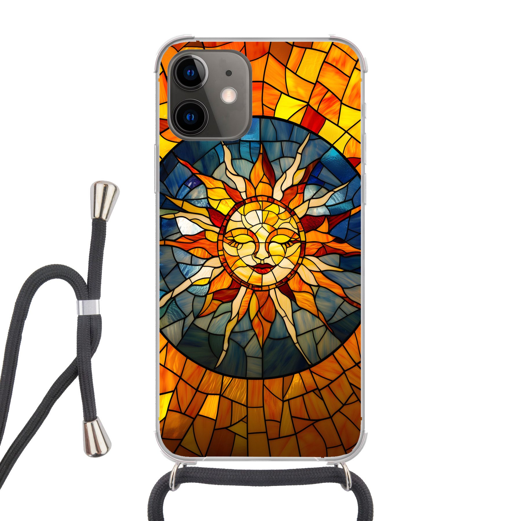 MuchoWow Handyhülle für Apple iPhone 12 Mini Mosaik - Sonne - Gelb - Kreis, Tragbare Handyhüllen mit Kette zum umhängen, Handykette Handyband