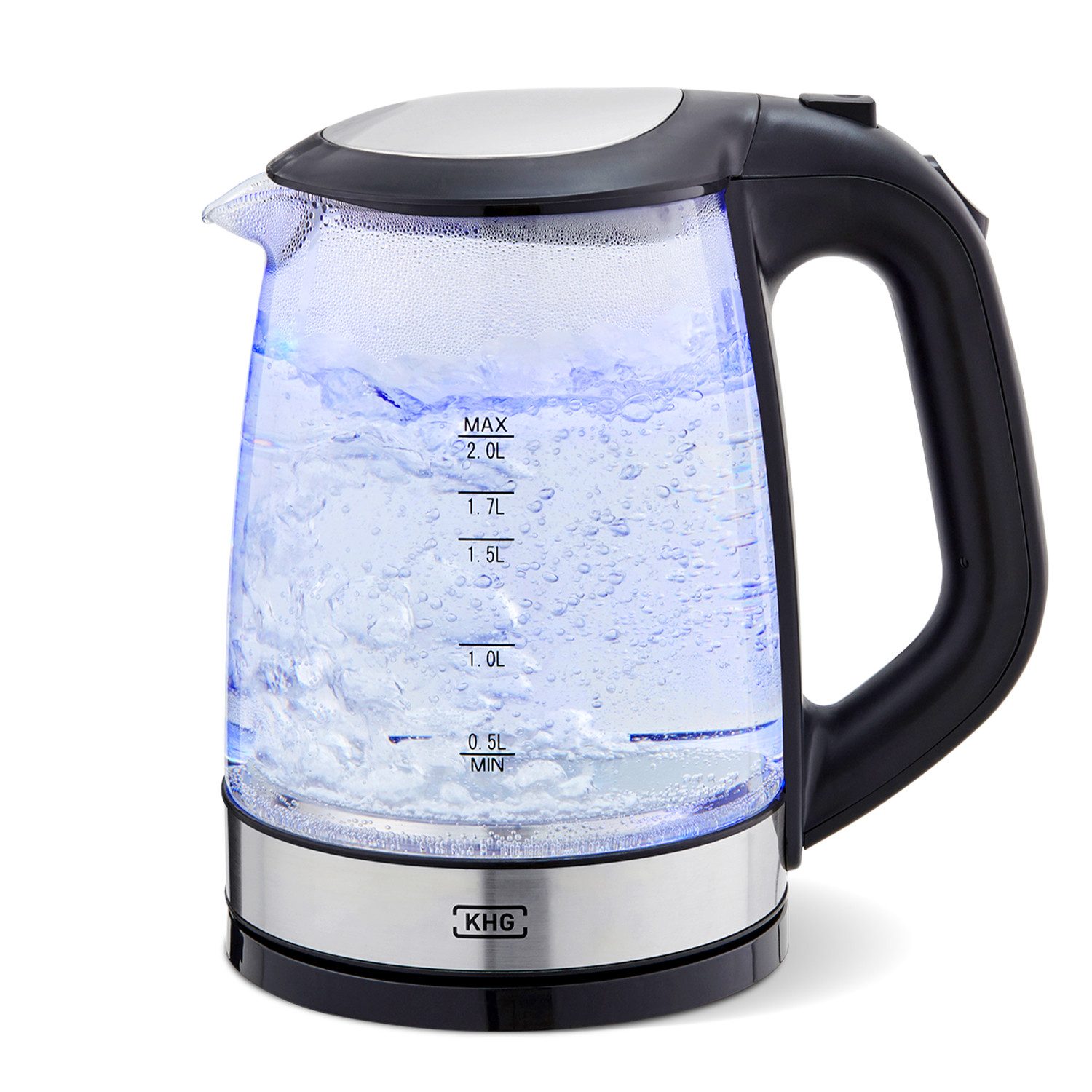KHG Wasserkocher WK-1706 GES aus Glas, 2 Liter Fassvermögen, LED Beleuchtung, 2 l