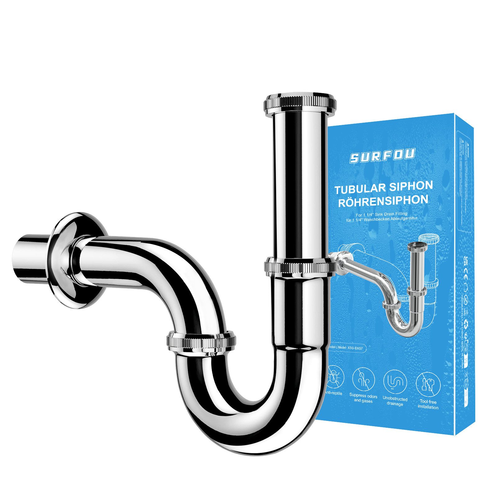 SURFOU Siphon Siphon Abflussrohr Waschbecken Ablaufgarnitur G 1 1/4" Edelst günstig online kaufen