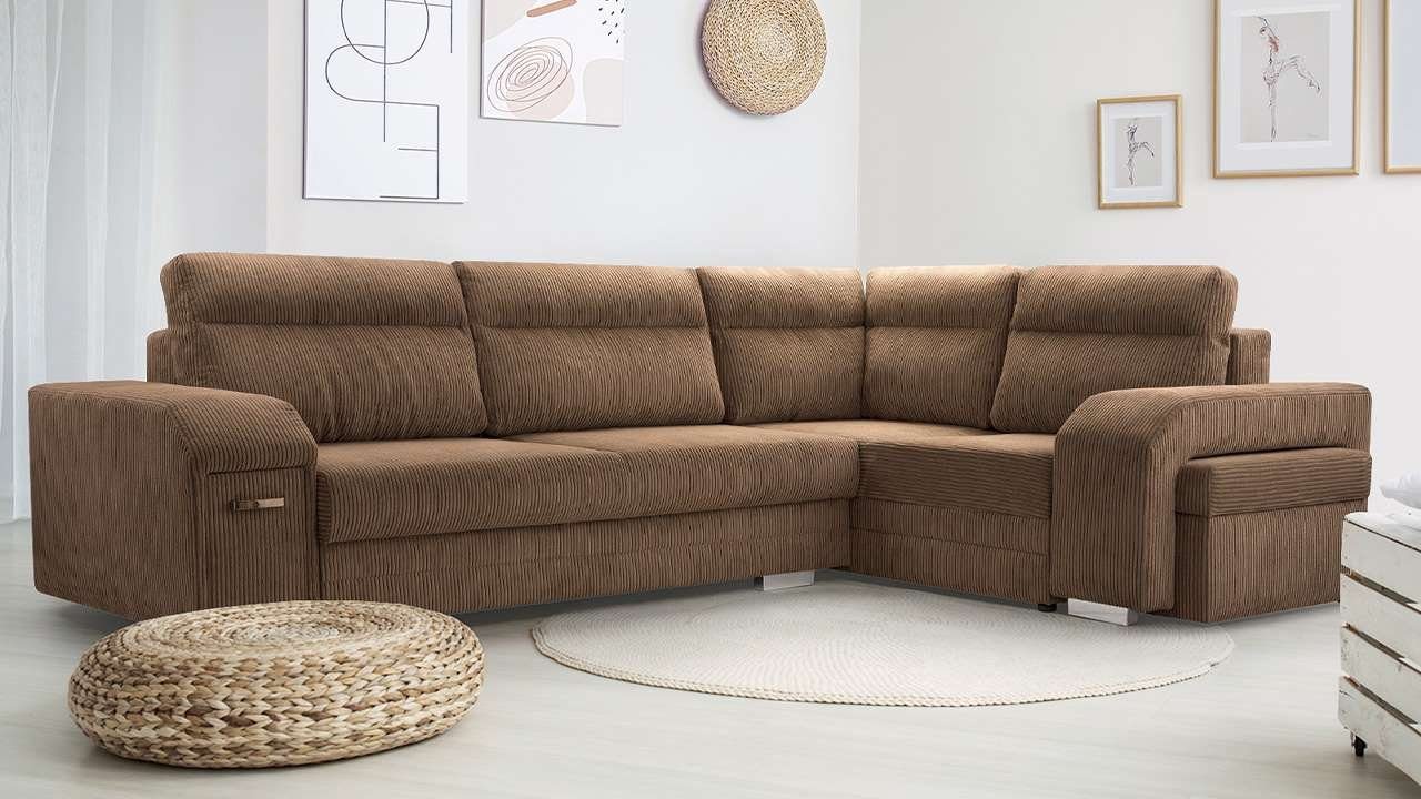 MKS MÖBEL Ecksofa ALVA, mit Hocker und Minibar - L-Form Sofa Mit Schlaffunktion Braun Lincoln